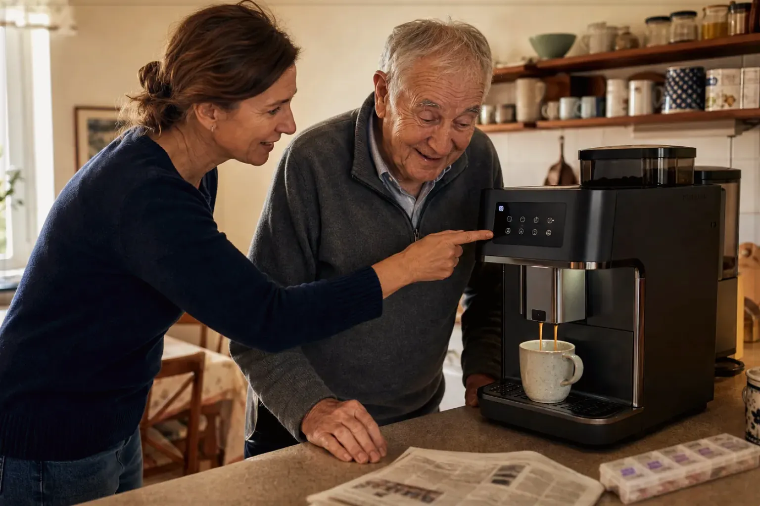 Eine erwachsene Tochter erklärt ihrem älteren Vater in seiner Küche einen Kaffeevollautomaten – gezeigt für Dualboiler im Themenvergleich.