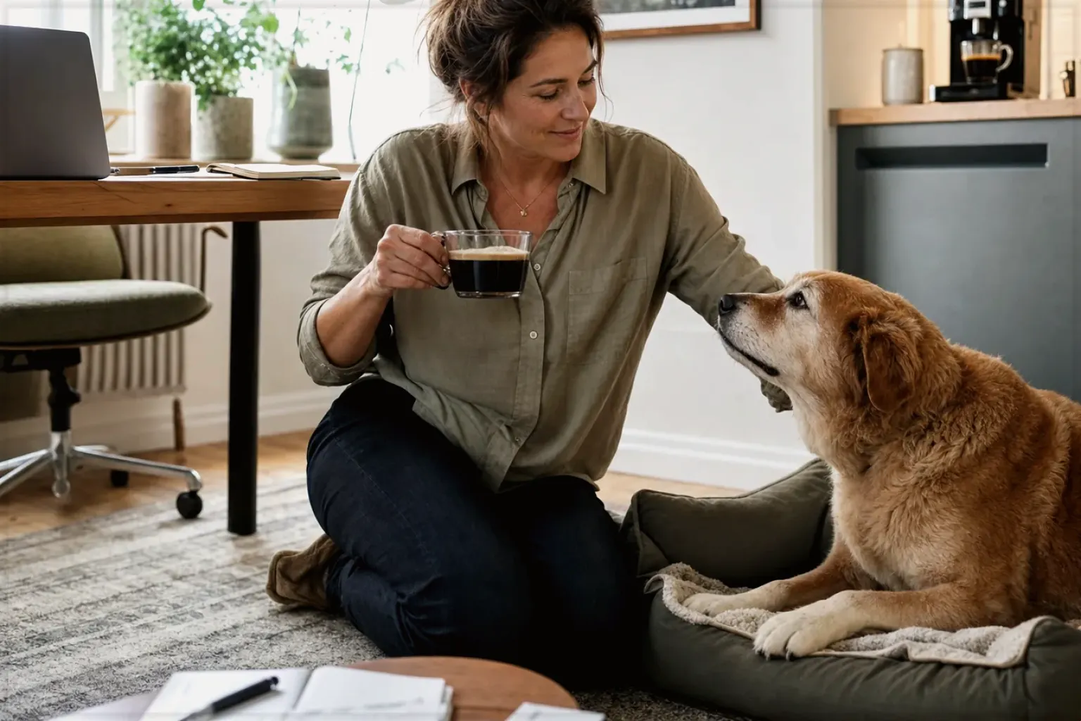 Eine Frau genießt im Homeoffice eine Kaffeepause bei ihrem älteren Hund – gezeigt für Dualboiler im Themenvergleich.