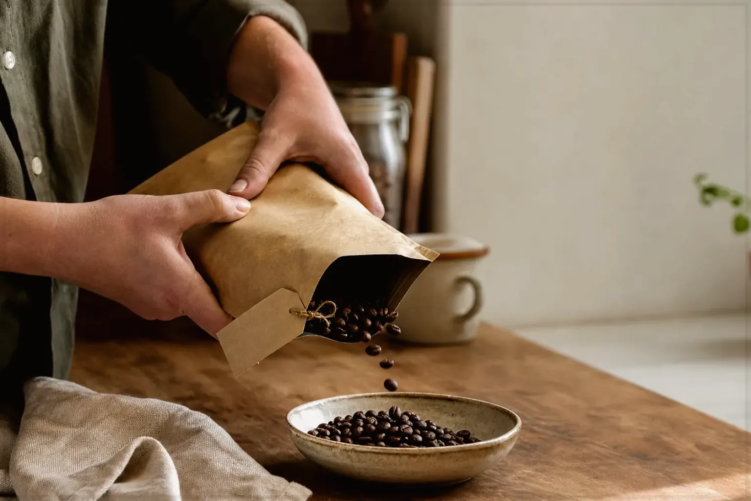 Hände füllen frisch geröstete Kaffeebohnen aus einer Papiertüte in eine Keramikschale – gezeigt für Dualboiler im Themenvergleich.