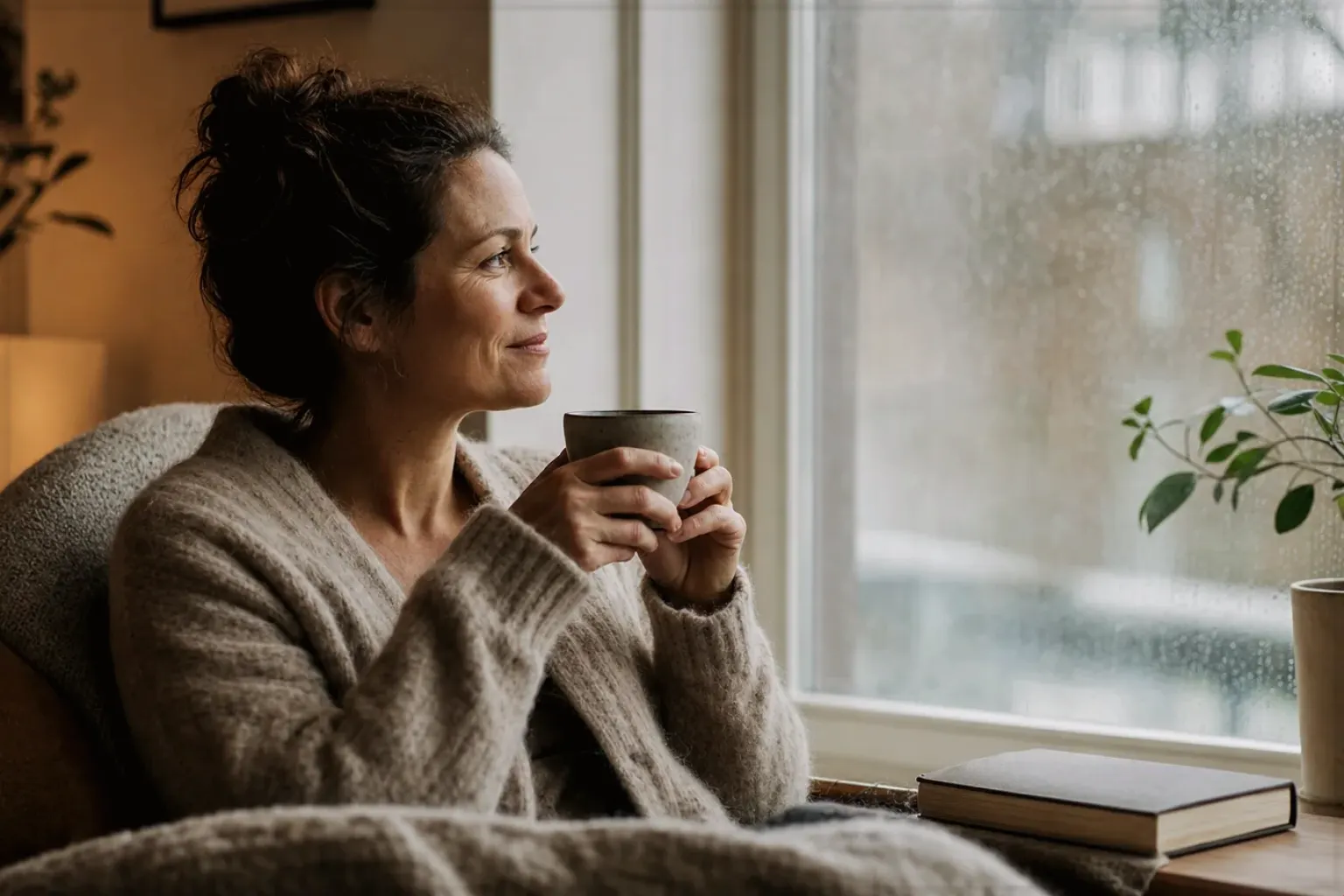Eine Frau genießt an einem regnerischen Nachmittag ruhig eine Tasse Kaffee am Fenster – gezeigt für Dualboiler im Themenvergleich.