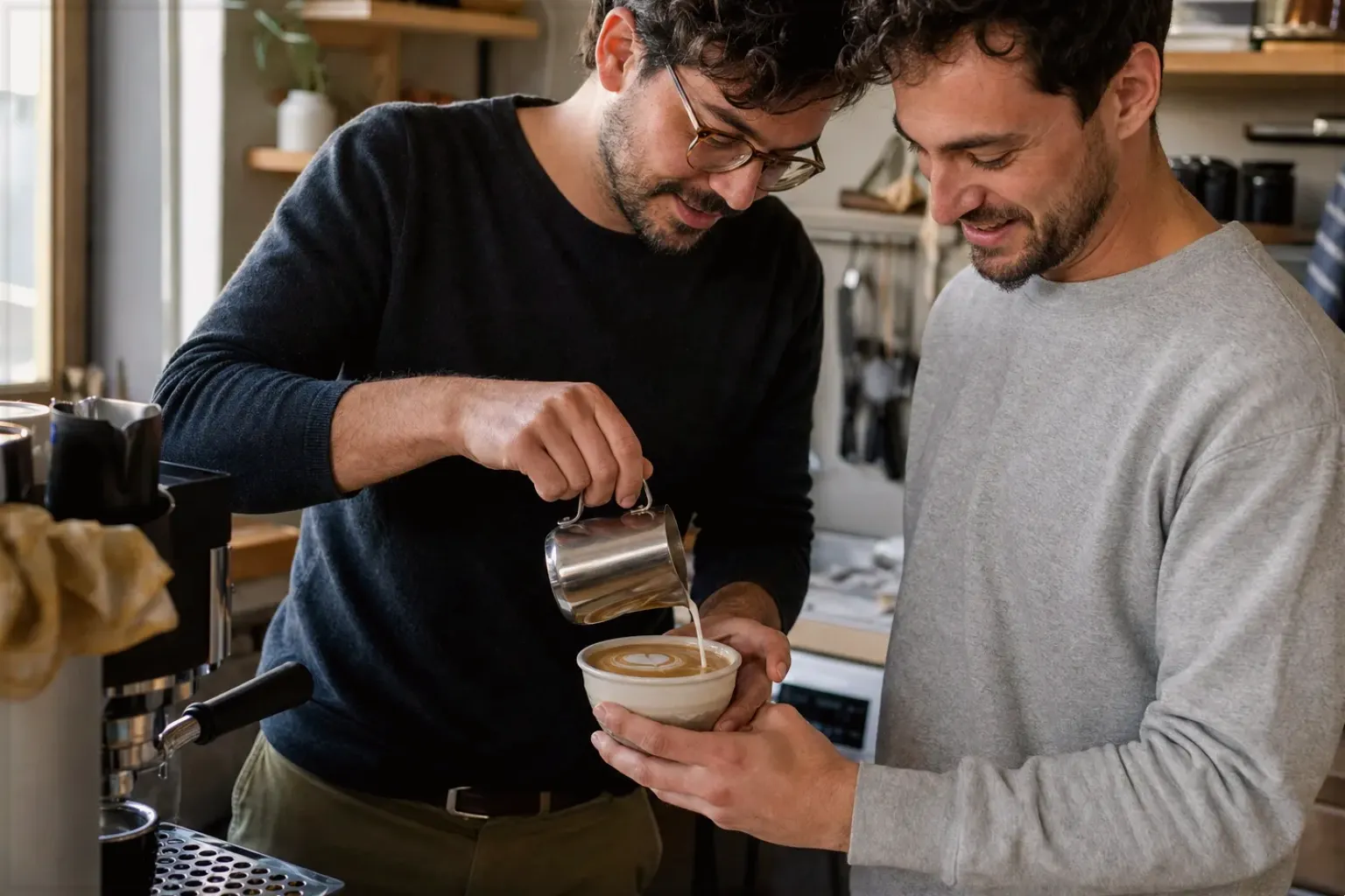 Zwei Freunde freuen sich in einer kleinen Küche über ihre gemeinsam gegossene Latte Art – gezeigt für Dualboiler im Themenvergleich.