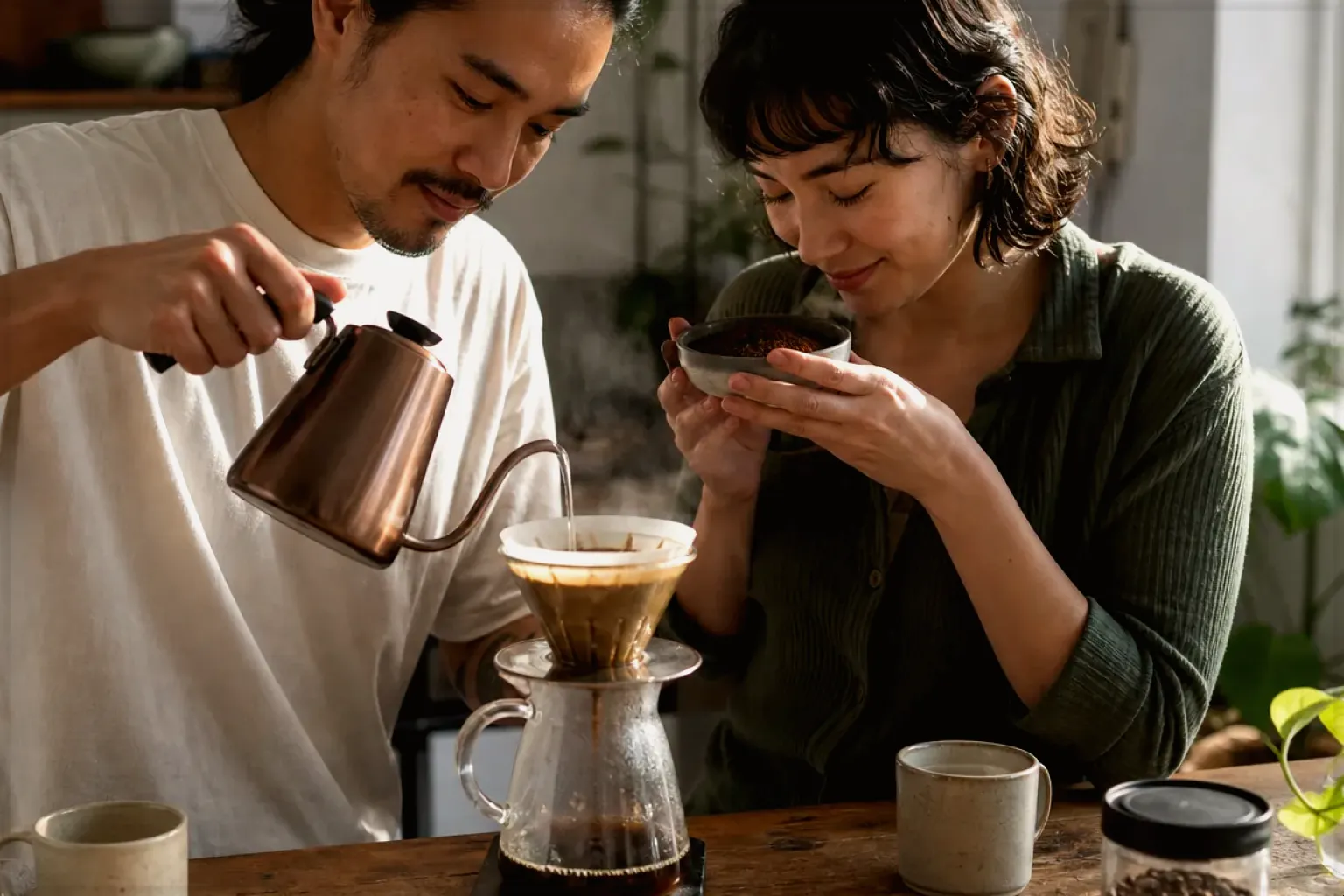 Zwei Menschen bereiten am Wochenende gemeinsam Filterkaffee mit einem Handfilter zu – gezeigt für Dualboiler im Themenvergleich.
