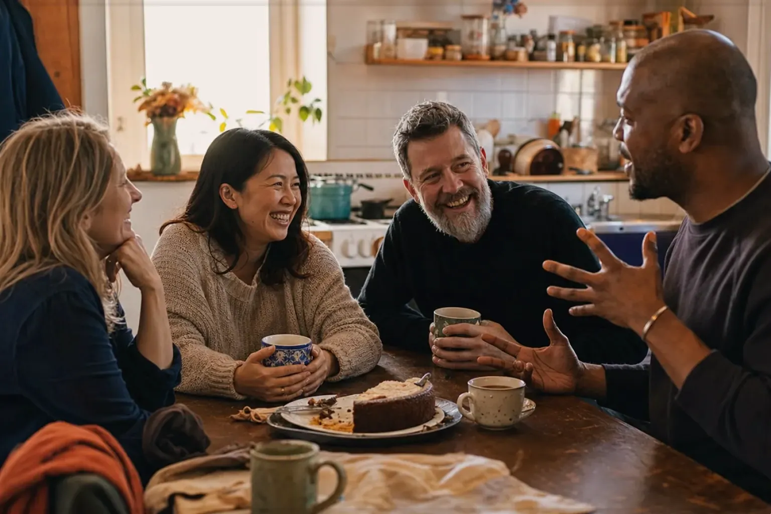 Vier erwachsene Freunde lachen gemeinsam bei Kaffee und selbst gebackenem Kuchen – gezeigt für Dualboiler im Themenvergleich.