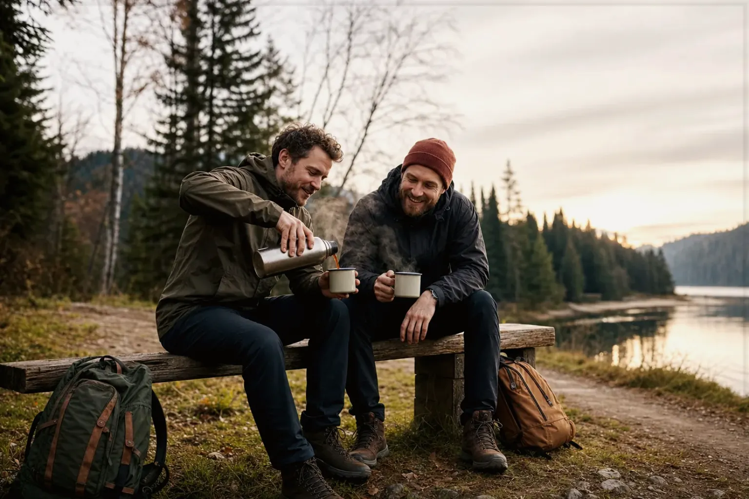 Zwei Freunde teilen auf einer Wanderung heißen Kaffee aus einer Thermoskanne am See – gezeigt für Dualboiler im Themenvergleich.