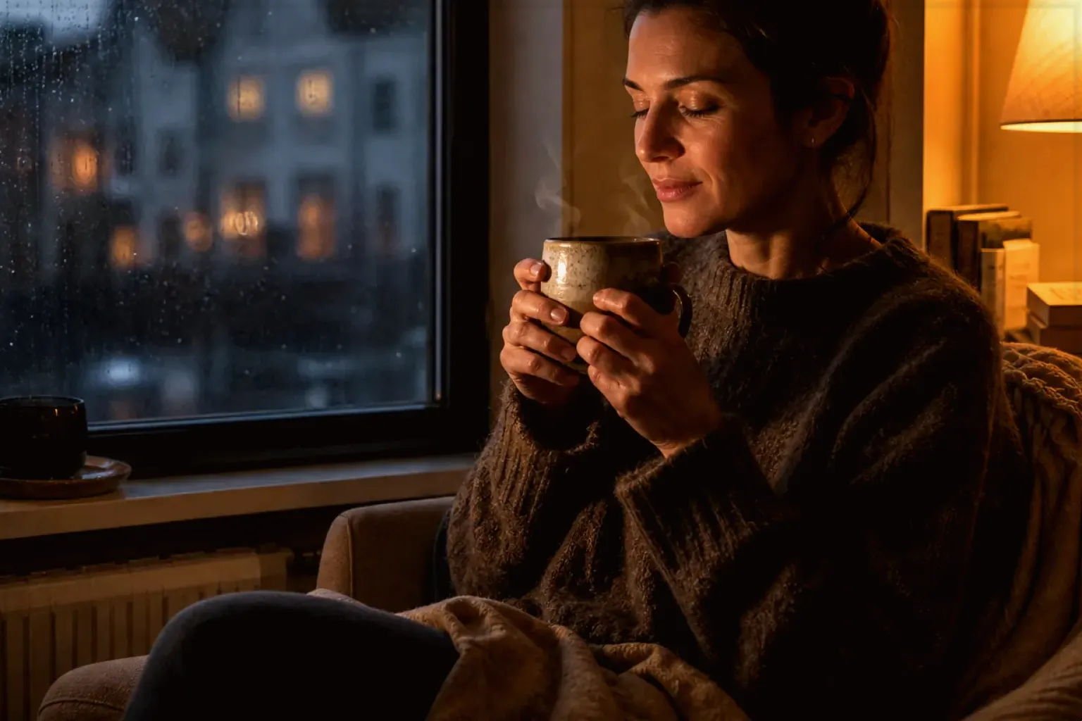 Eine Frau genießt an einem regnerischen Abend ruhig eine warme Tasse Kaffee am Fenster – gezeigt für Dualboiler im Themenvergleich.