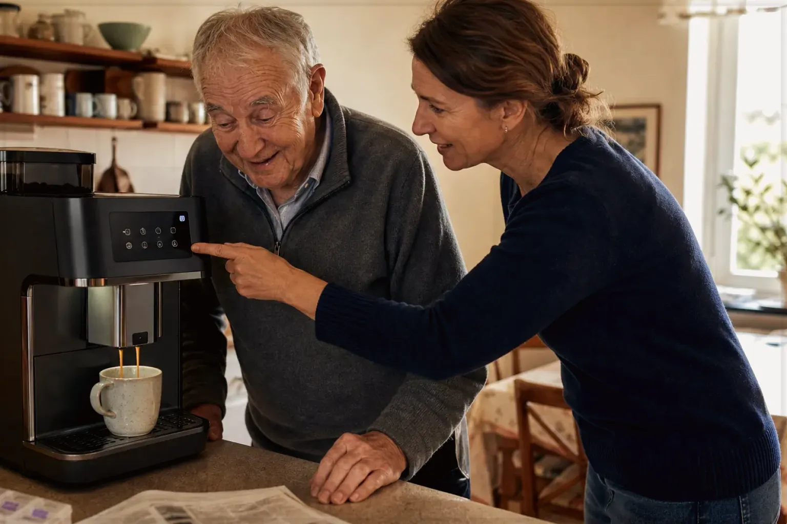 Eine erwachsene Tochter erklärt ihrem Vater verständlich die Bedienung eines Kaffeevollautomaten.