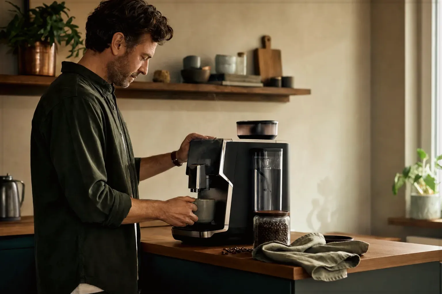 Ein Mann bereitet morgens Kaffee an einem Vollautomaten in seiner Küche zu – gezeigt für Siebträger für Einsteiger im Themenvergleich.