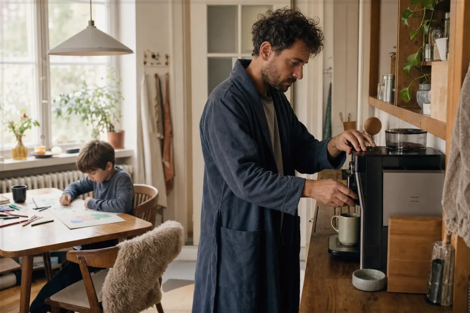 Ein Vater bereitet morgens Kaffee am Vollautomaten zu, während sein Kind am Küchentisch malt – gezeigt für Siebträger für Einsteiger im Themenvergleich.