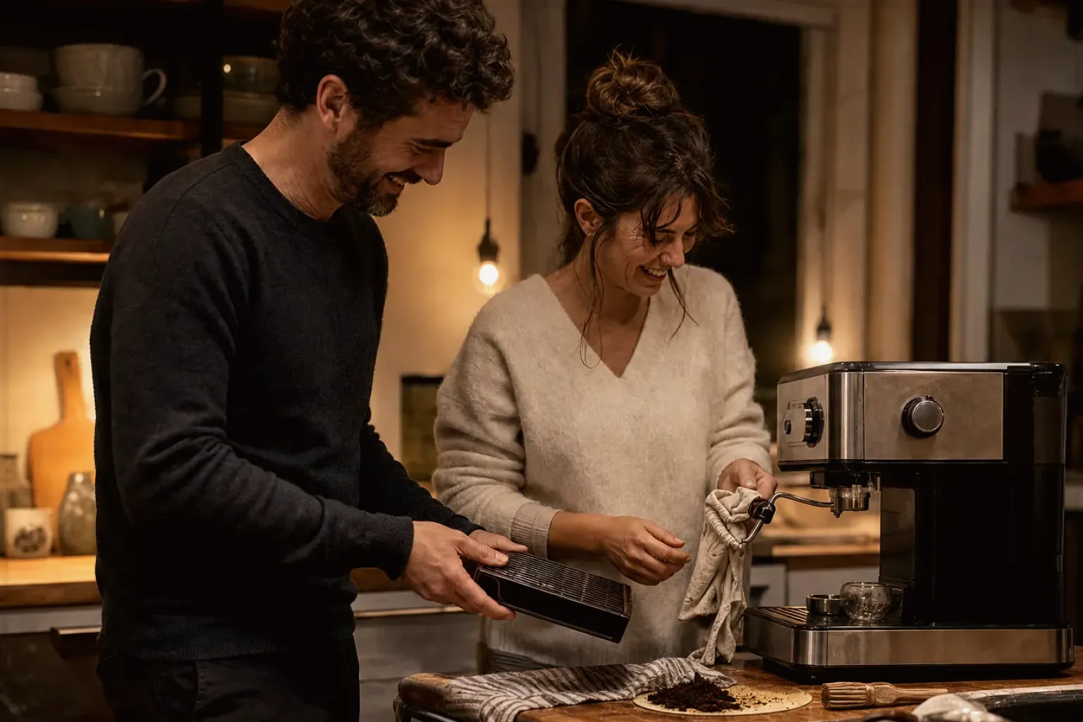 Ein Paar reinigt am Abend gemeinsam und gut gelaunt seine Espressomaschine in der Küche – gezeigt für Siebträger für Einsteiger im Themenvergleich.