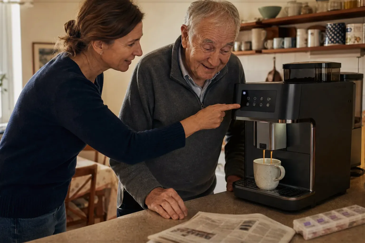Eine erwachsene Tochter erklärt ihrem älteren Vater in seiner Küche einen Kaffeevollautomaten – gezeigt für Siebträger für Einsteiger im Themenvergleich.