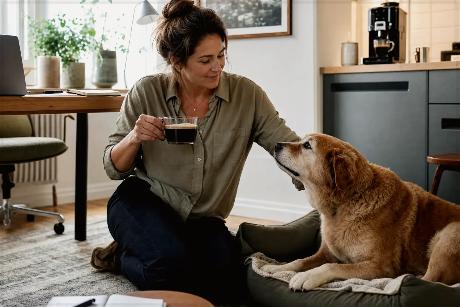 Eine Frau genießt im Homeoffice eine Kaffeepause bei ihrem älteren Hund – gezeigt für Siebträger für Einsteiger im Themenvergleich.