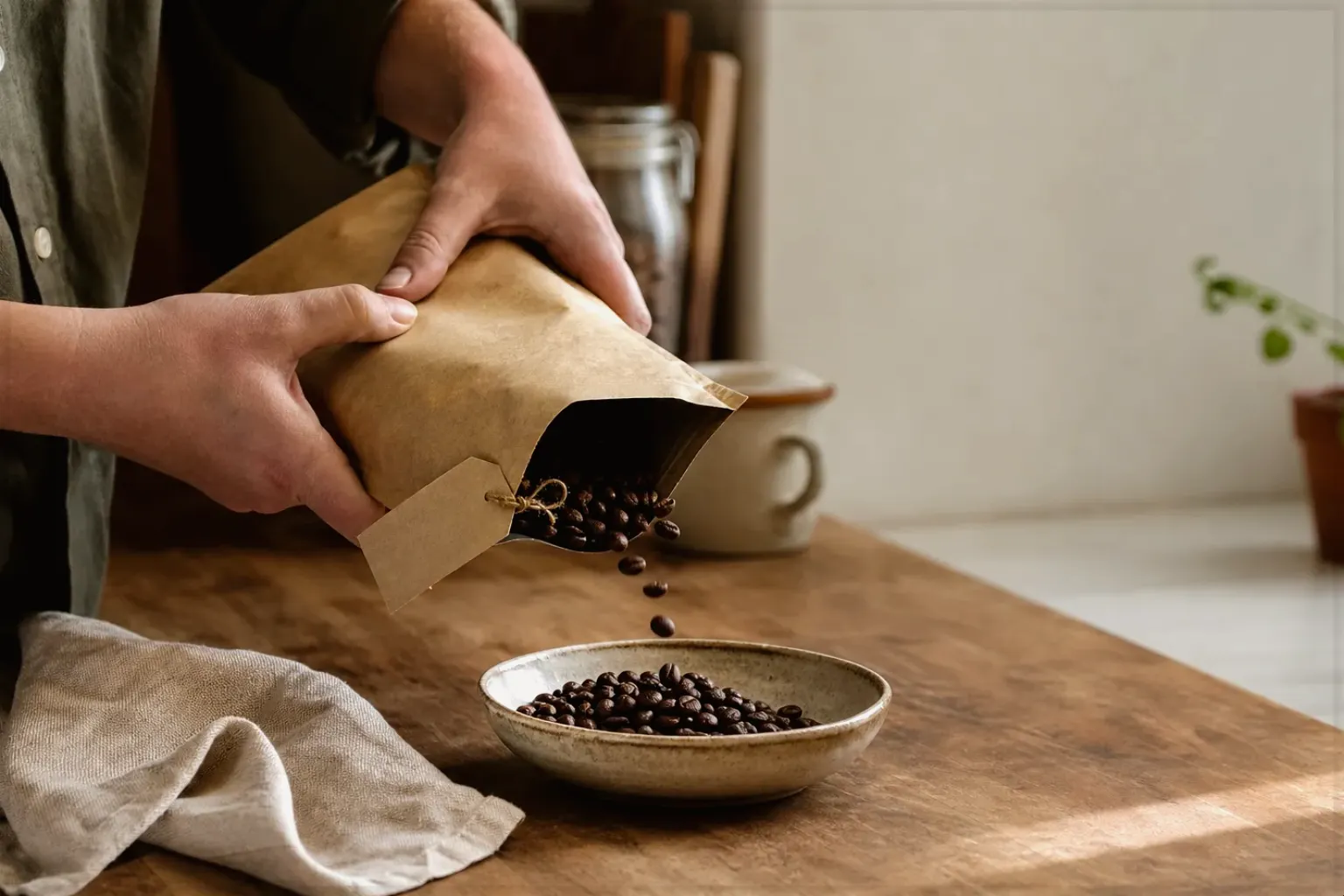 Hände füllen frisch geröstete Kaffeebohnen aus einer Papiertüte in eine Keramikschale – gezeigt für Siebträger für Einsteiger im Themenvergleich.