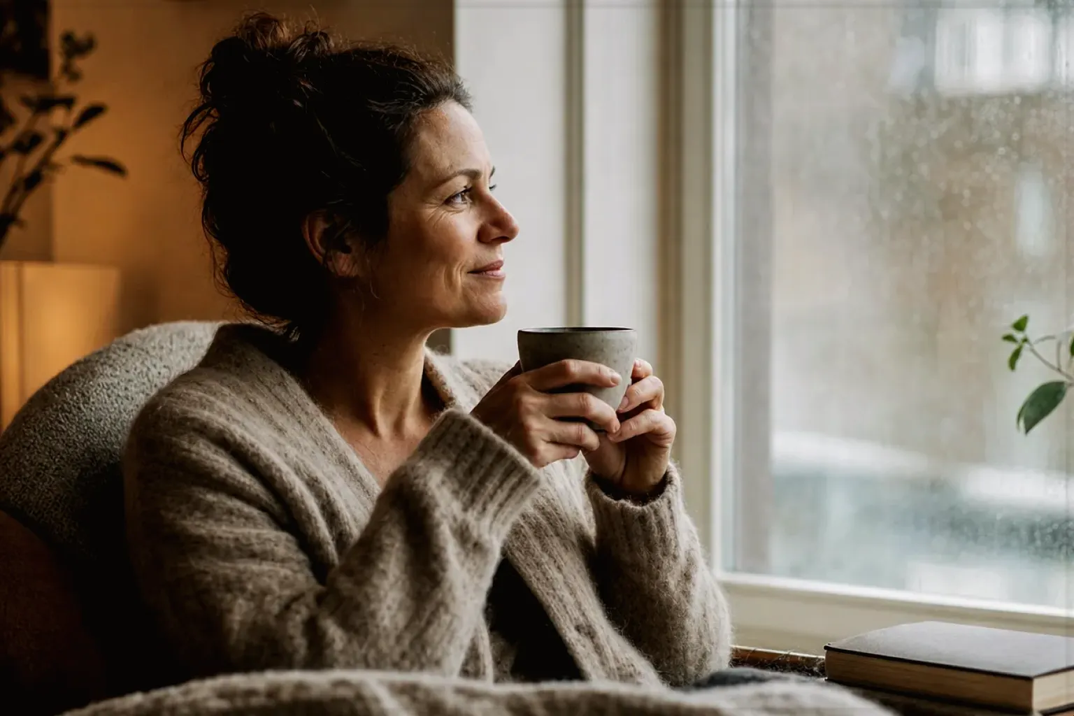 Eine Frau genießt an einem regnerischen Nachmittag ruhig eine Tasse Kaffee am Fenster – gezeigt für Siebträger für Einsteiger im Themenvergleich.