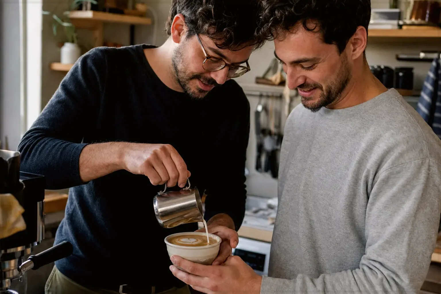 Zwei Freunde freuen sich in einer kleinen Küche über ihre gemeinsam gegossene Latte Art – gezeigt für Siebträger für Einsteiger im Themenvergleich.