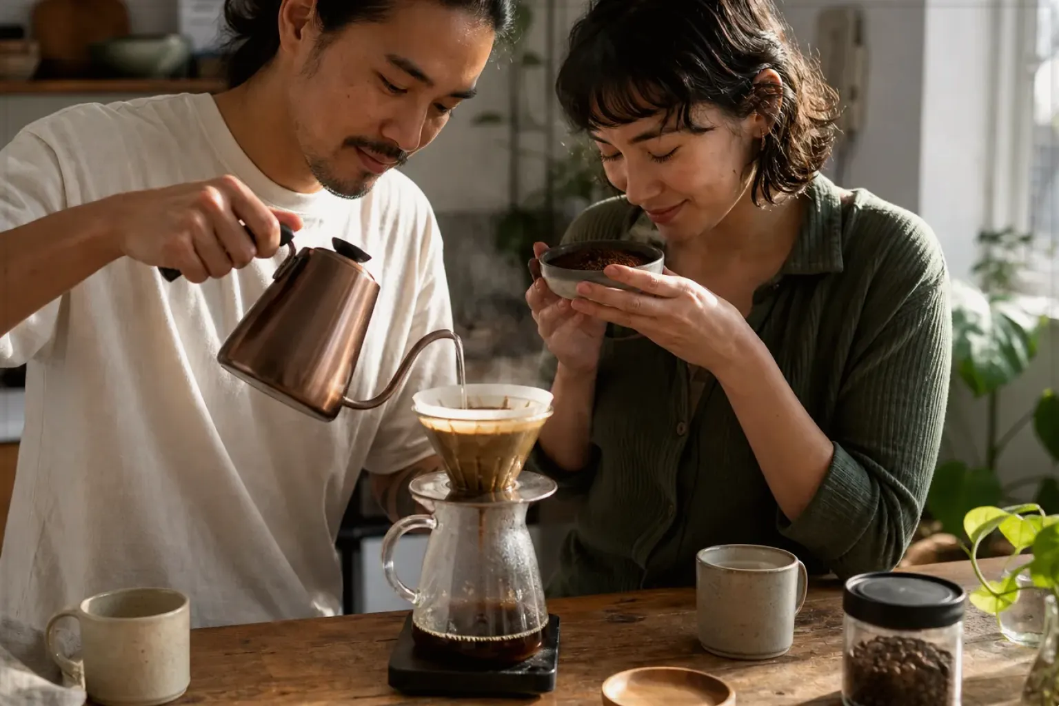 Zwei Menschen bereiten am Wochenende gemeinsam Filterkaffee mit einem Handfilter zu – gezeigt für Siebträger für Einsteiger im Themenvergleich.