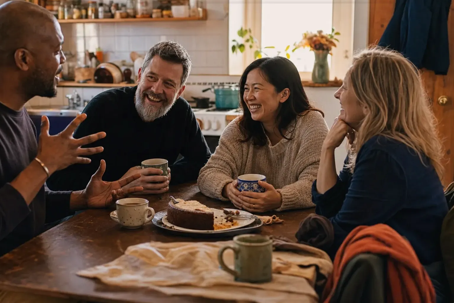Vier erwachsene Freunde lachen gemeinsam bei Kaffee und selbst gebackenem Kuchen – gezeigt für Siebträger für Einsteiger im Themenvergleich.