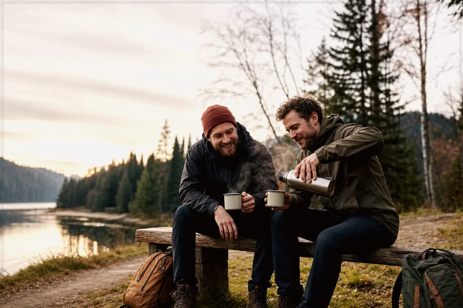 Zwei Freunde teilen auf einer Wanderung heißen Kaffee aus einer Thermoskanne am See – gezeigt für Siebträger für Einsteiger im Themenvergleich.