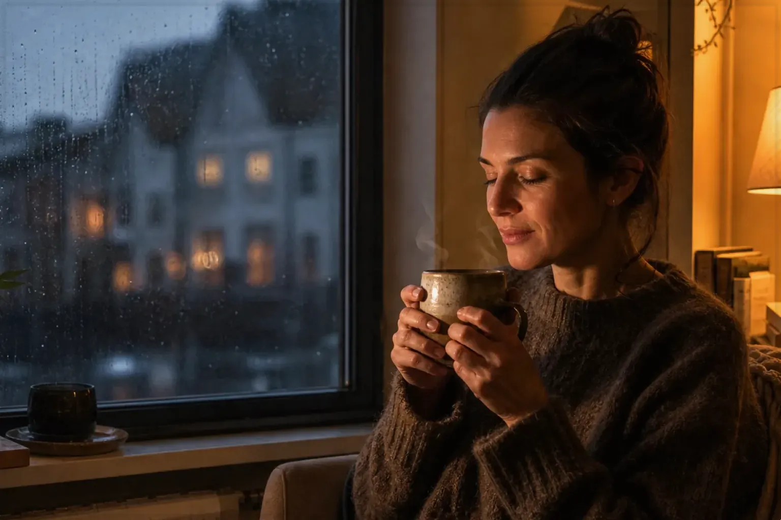 Eine Frau genießt an einem regnerischen Abend ruhig eine warme Tasse Kaffee am Fenster – gezeigt für Siebträger für Einsteiger im Themenvergleich.