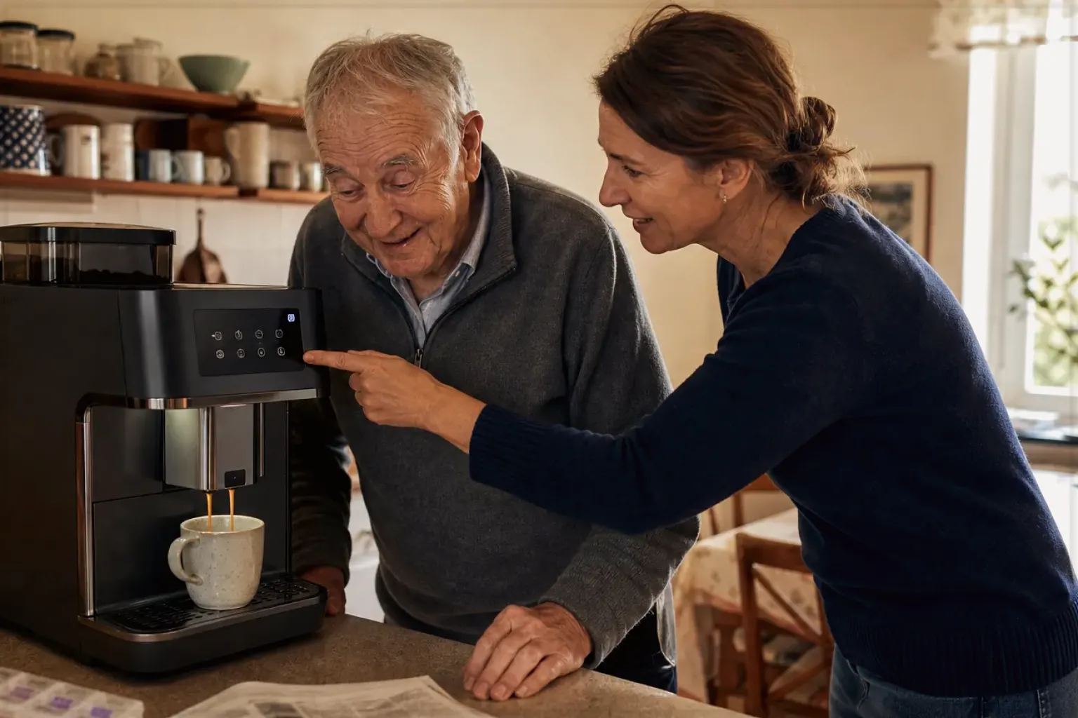 Eine erwachsene Tochter erklärt ihrem Vater verständlich die Bedienung eines Kaffeevollautomaten.