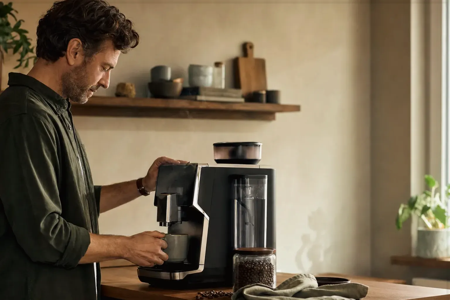 Ein Mann bereitet morgens Kaffee an einem Vollautomaten in seiner Küche zu – gezeigt für Mit Mahlwerk im Themenvergleich.