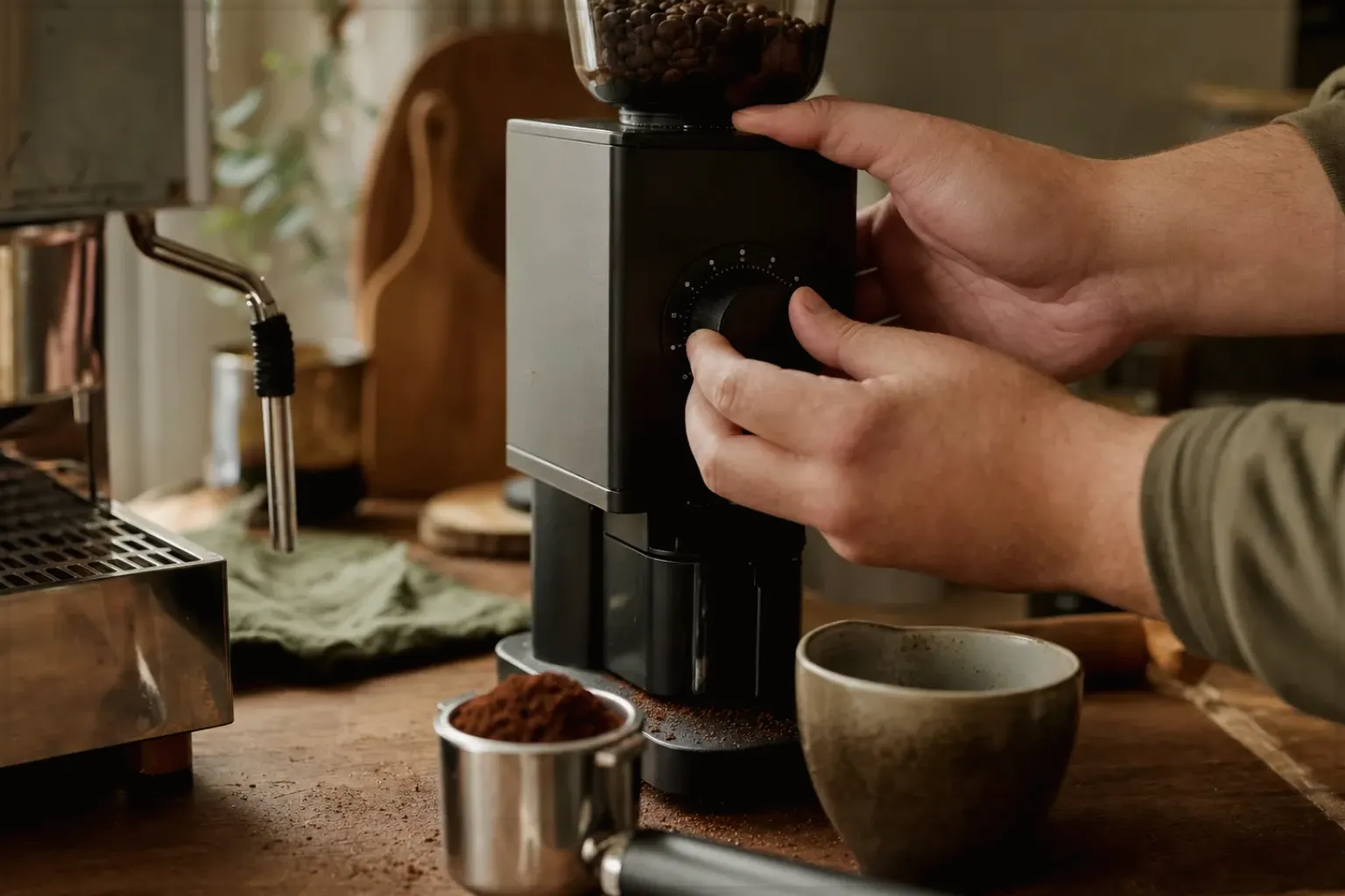 Zwei Hände stellen den Mahlgrad an einer Kaffeemühle neben einer Espressomaschine ein – gezeigt für Mit Mahlwerk im Themenvergleich.