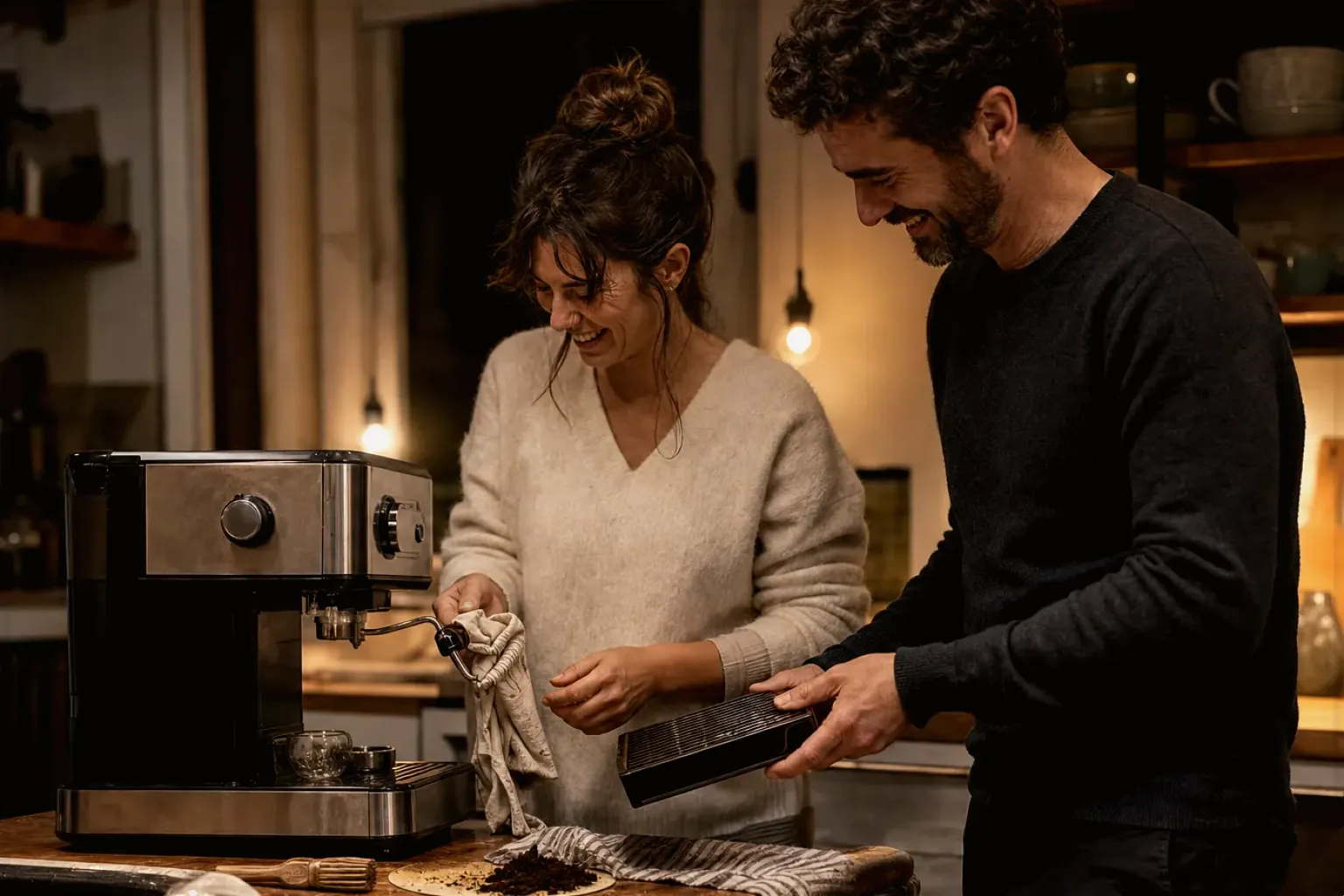 Ein Paar reinigt am Abend gemeinsam und gut gelaunt seine Espressomaschine in der Küche – gezeigt für Mit Mahlwerk im Themenvergleich.