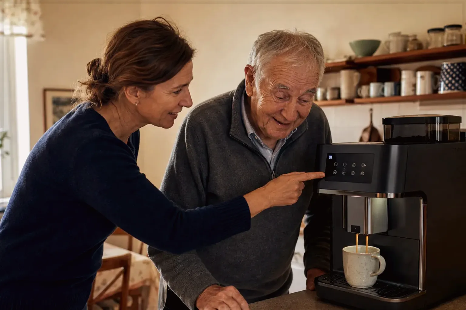 Eine erwachsene Tochter erklärt ihrem älteren Vater in seiner Küche einen Kaffeevollautomaten – gezeigt für Mit Mahlwerk im Themenvergleich.