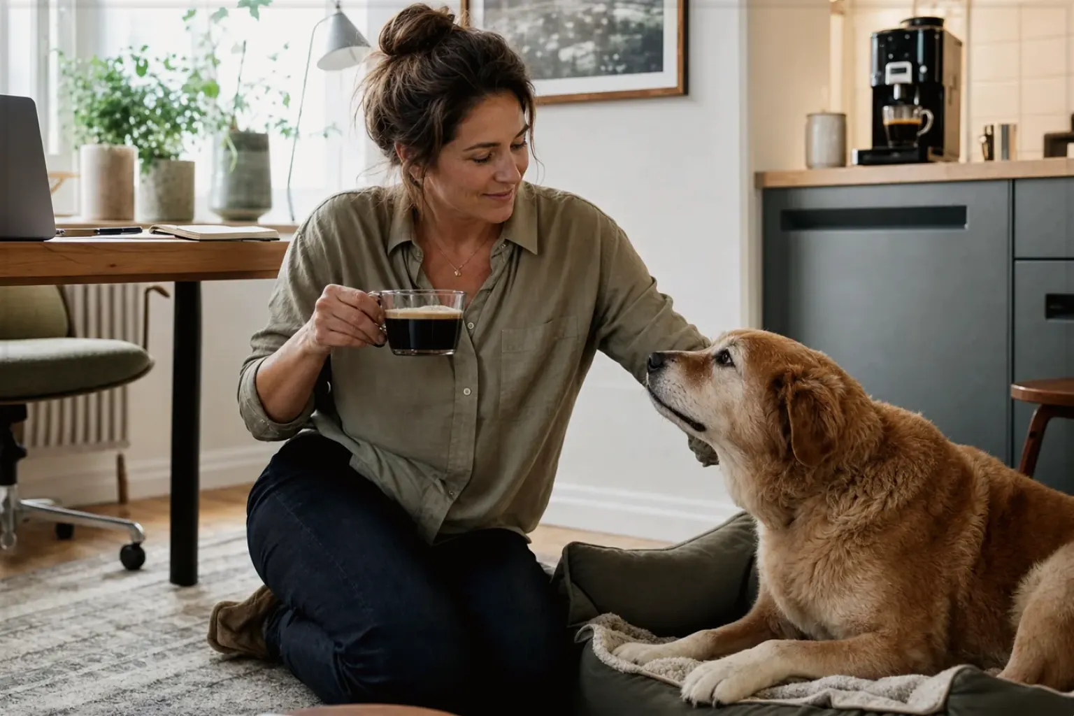 Eine Frau genießt im Homeoffice eine Kaffeepause bei ihrem älteren Hund – gezeigt für Mit Mahlwerk im Themenvergleich.