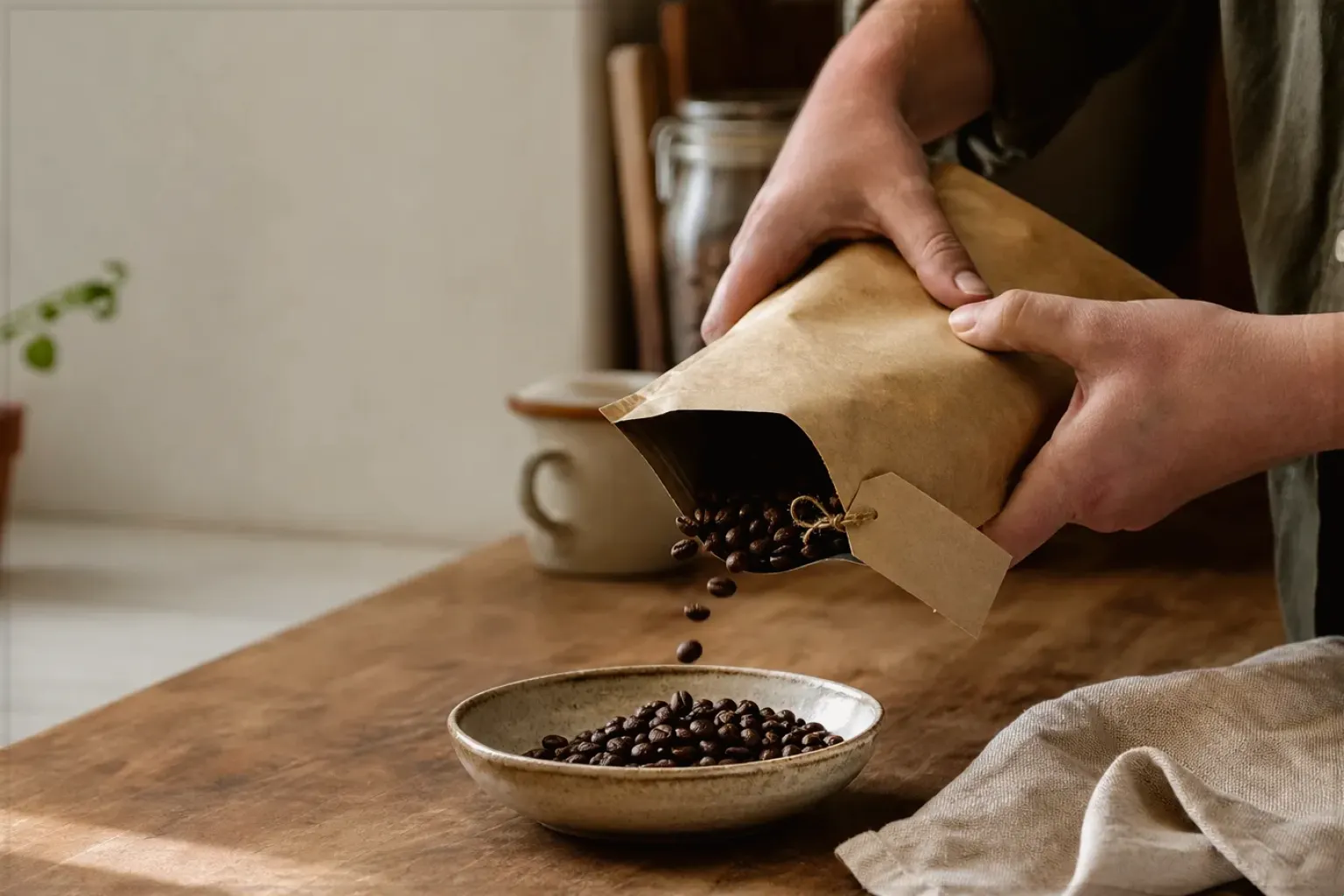 Hände füllen frisch geröstete Kaffeebohnen aus einer Papiertüte in eine Keramikschale – gezeigt für Mit Mahlwerk im Themenvergleich.