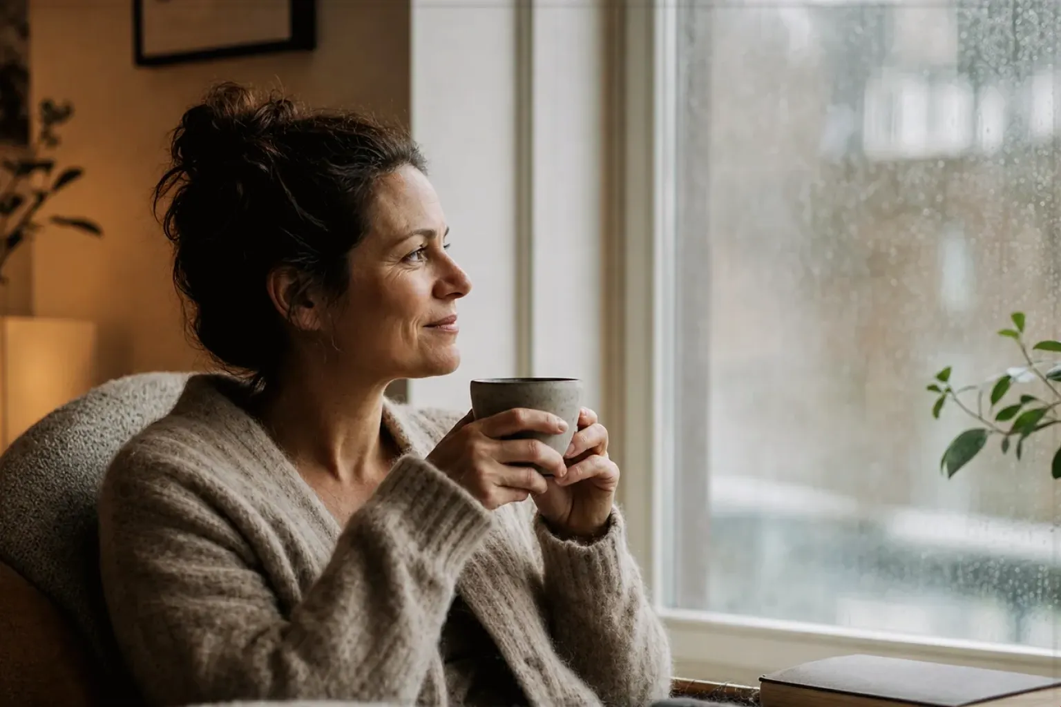 Eine Frau genießt an einem regnerischen Nachmittag ruhig eine Tasse Kaffee am Fenster – gezeigt für Mit Mahlwerk im Themenvergleich.