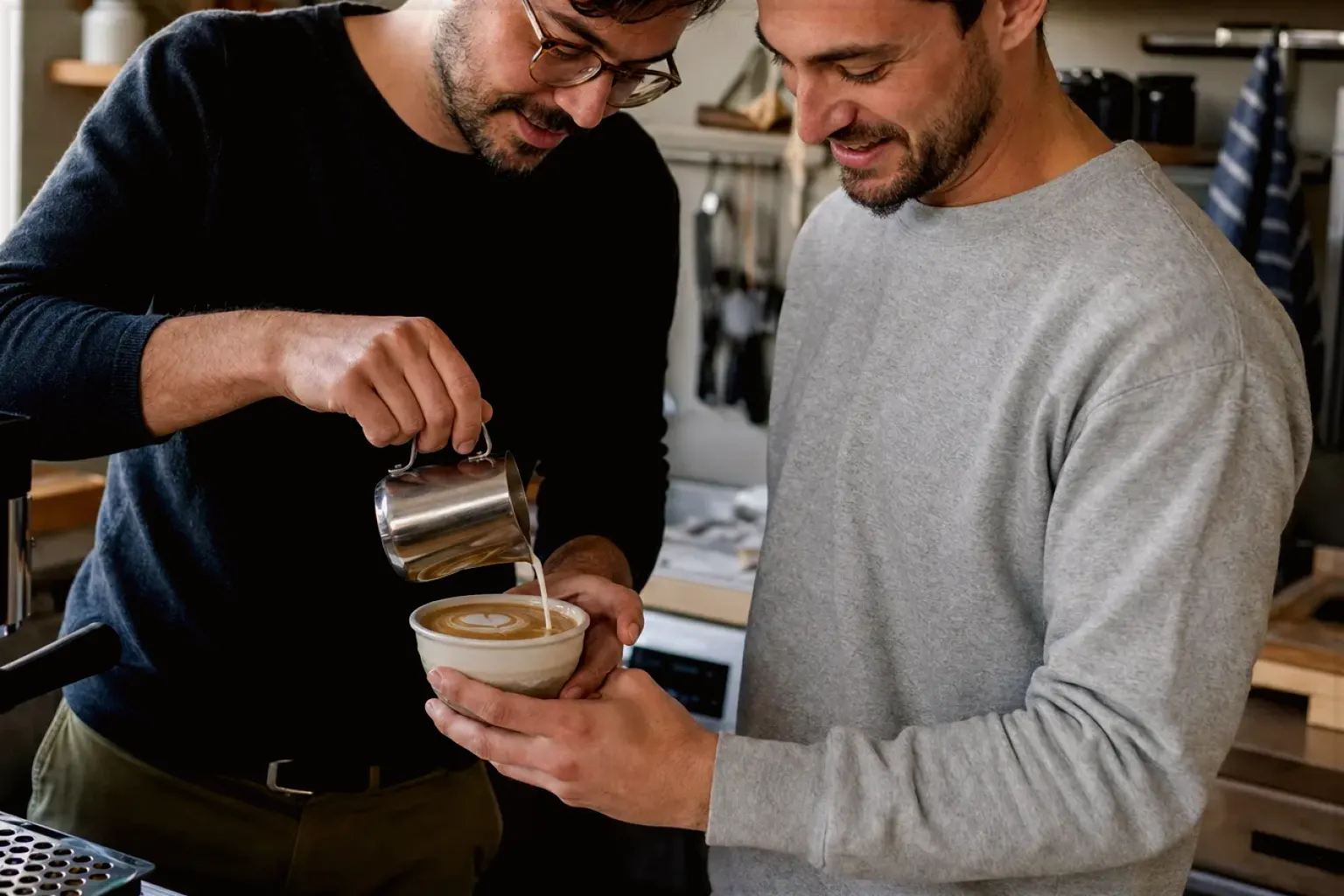 Zwei Freunde freuen sich in einer kleinen Küche über ihre gemeinsam gegossene Latte Art – gezeigt für Mit Mahlwerk im Themenvergleich.