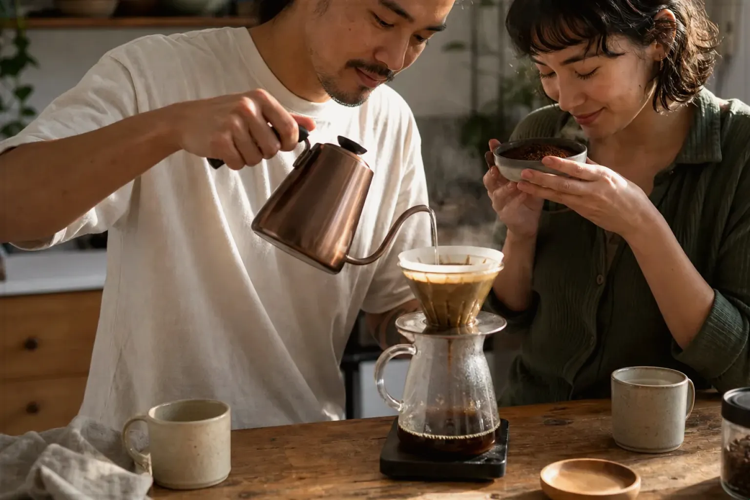 Zwei Menschen bereiten am Wochenende gemeinsam Filterkaffee mit einem Handfilter zu – gezeigt für Mit Mahlwerk im Themenvergleich.