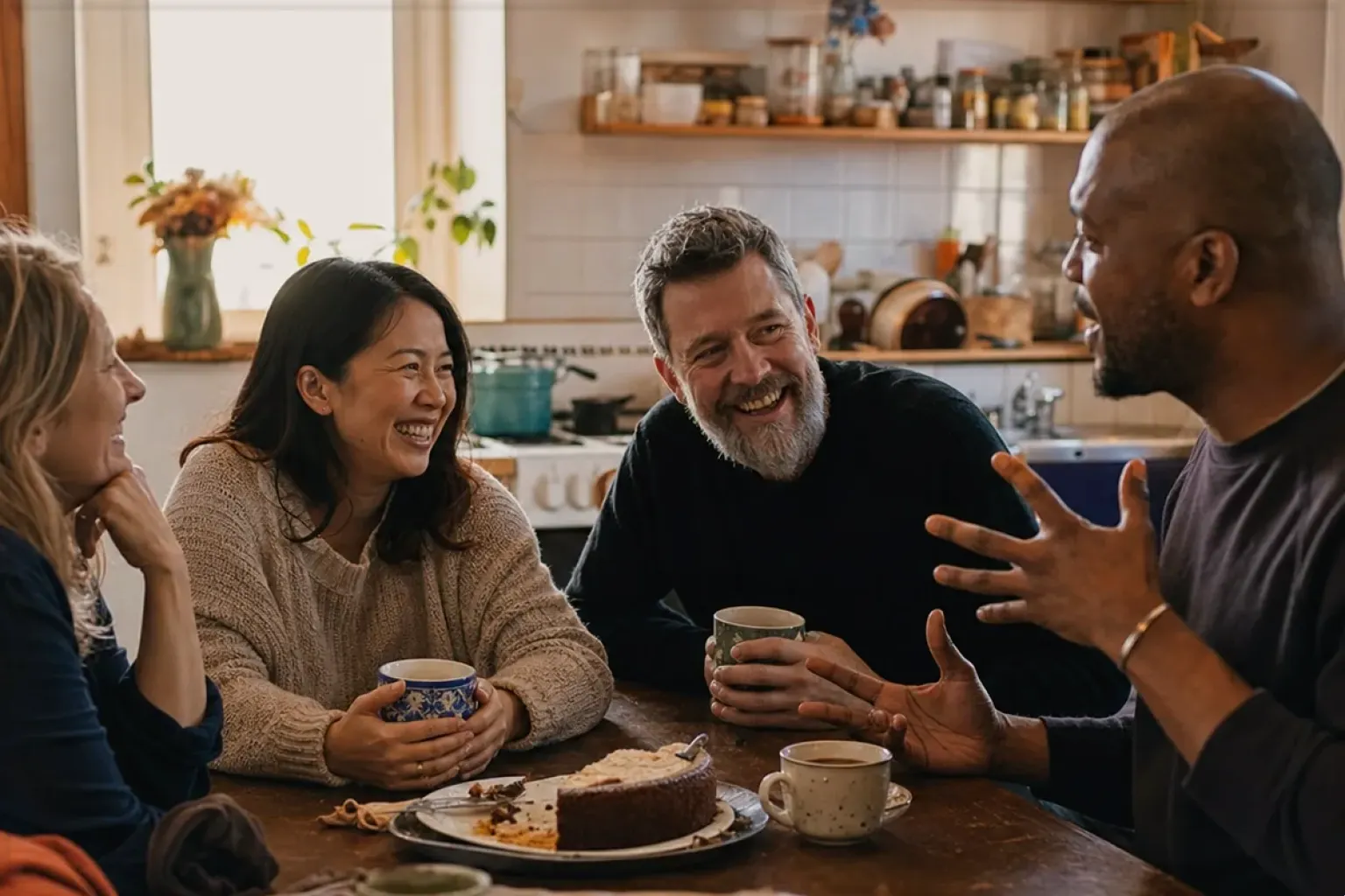 Vier erwachsene Freunde lachen gemeinsam bei Kaffee und selbst gebackenem Kuchen – gezeigt für Mit Mahlwerk im Themenvergleich.