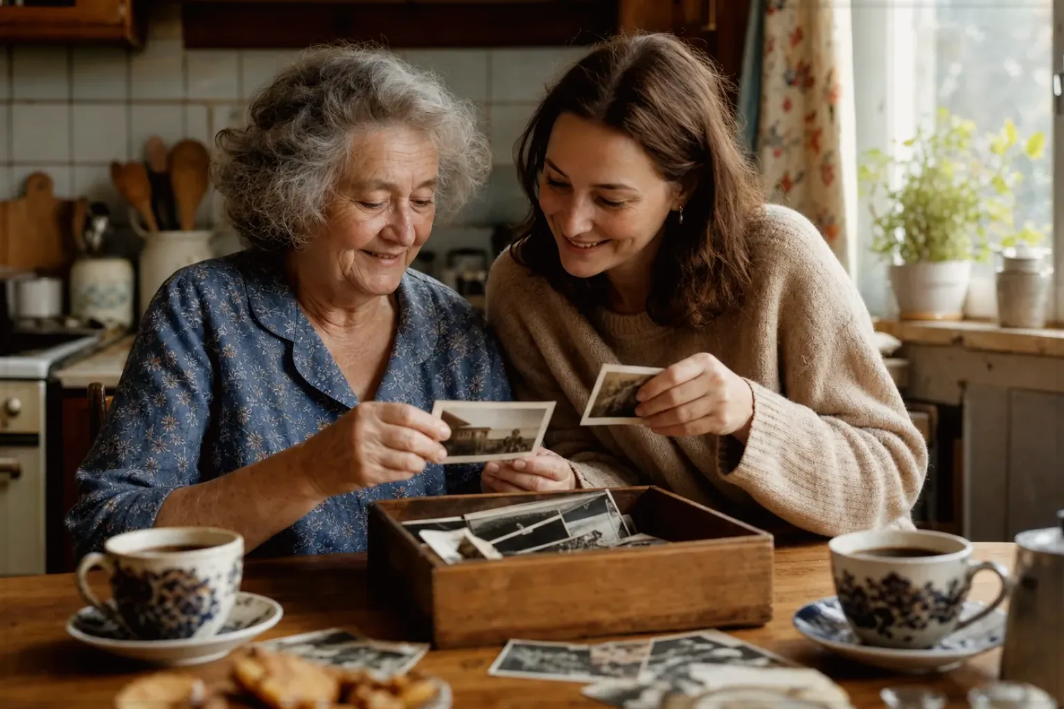Eine ältere Frau und ihre erwachsene Enkelin betrachten bei Kaffee gemeinsam alte Familienfotos – gezeigt für Mit Mahlwerk im Themenvergleich.