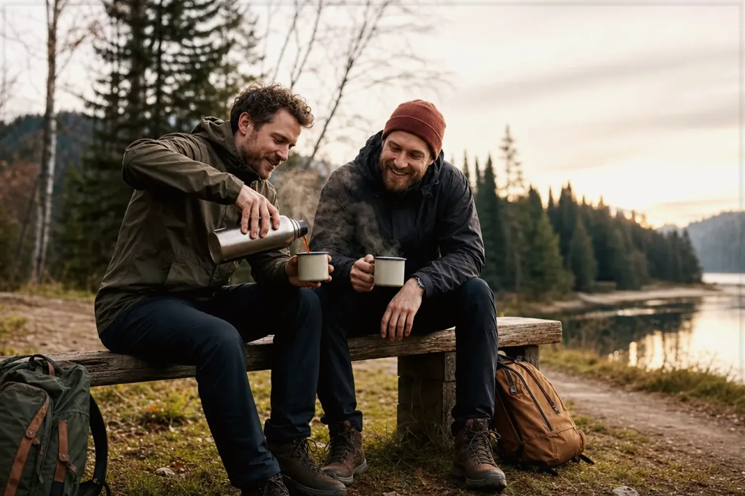 Zwei Freunde teilen auf einer Wanderung heißen Kaffee aus einer Thermoskanne am See – gezeigt für Mit Mahlwerk im Themenvergleich.
