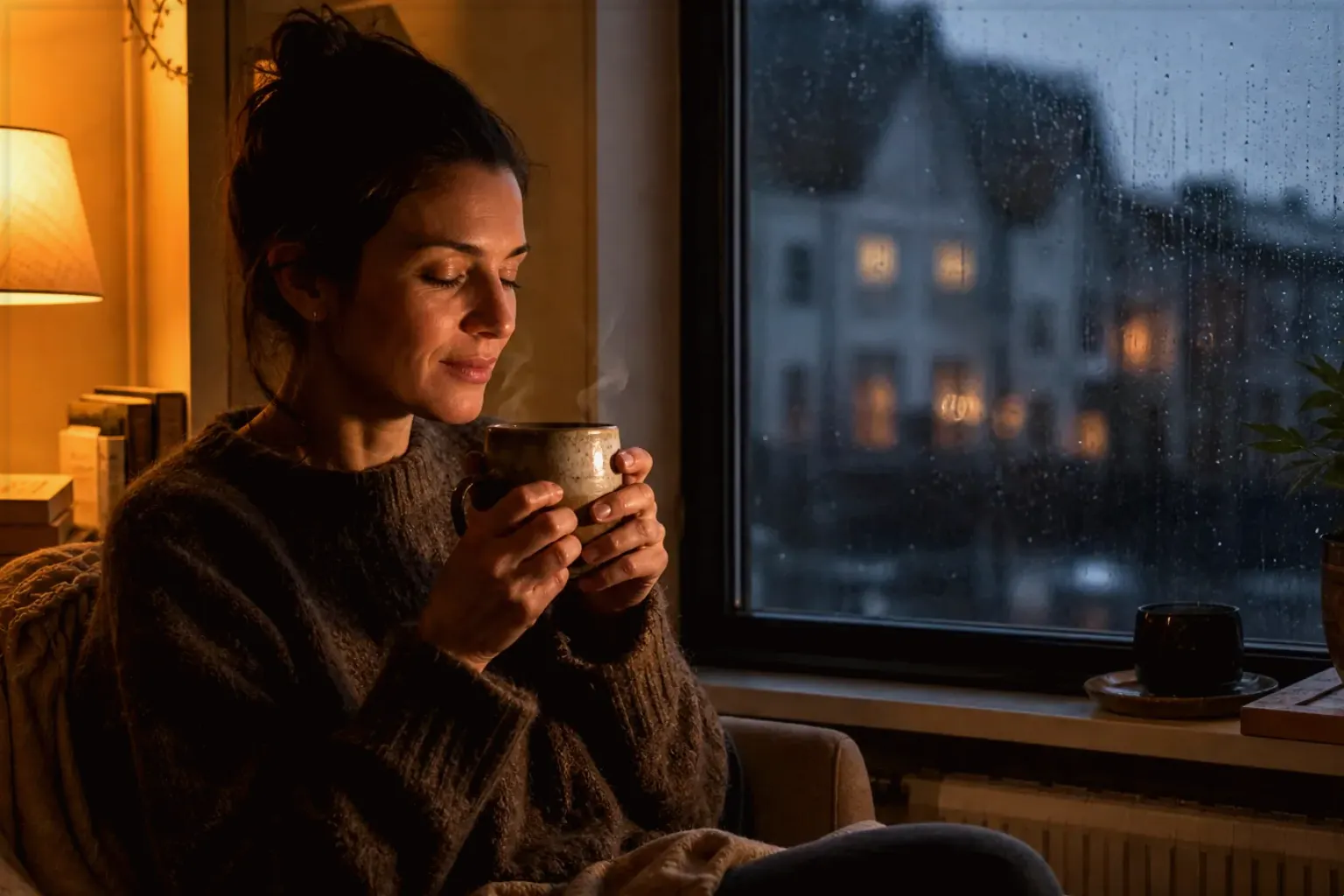 Eine Frau genießt an einem regnerischen Abend ruhig eine warme Tasse Kaffee am Fenster – gezeigt für Mit Mahlwerk im Themenvergleich.