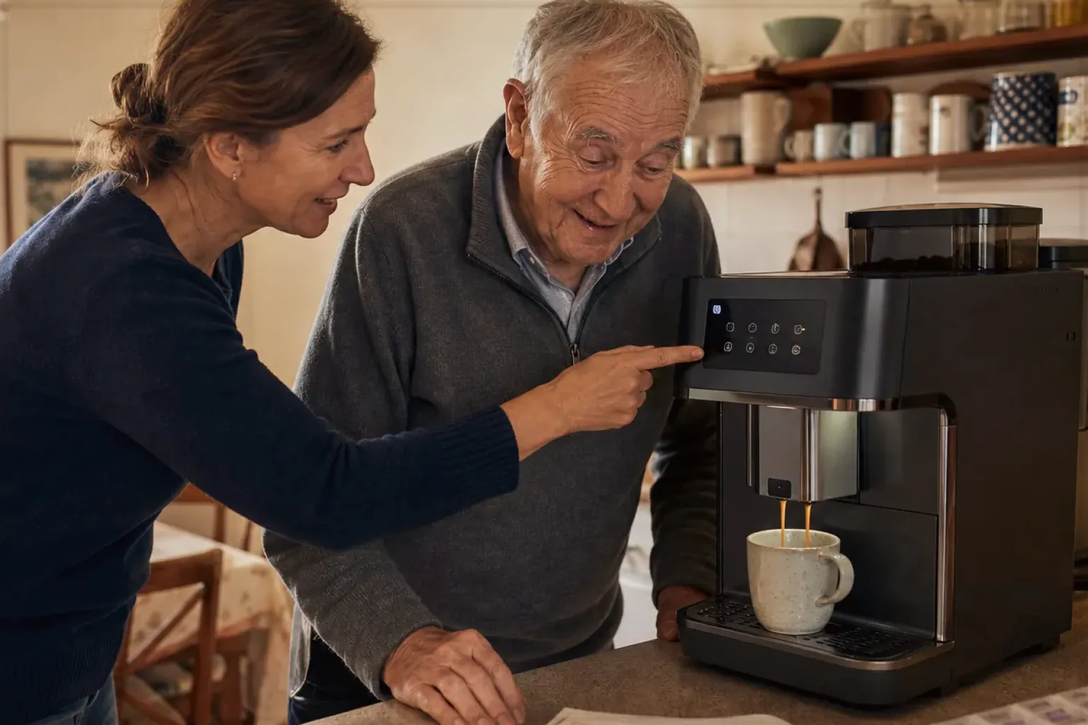 Eine erwachsene Tochter erklärt ihrem Vater verständlich die Bedienung eines Kaffeevollautomaten.