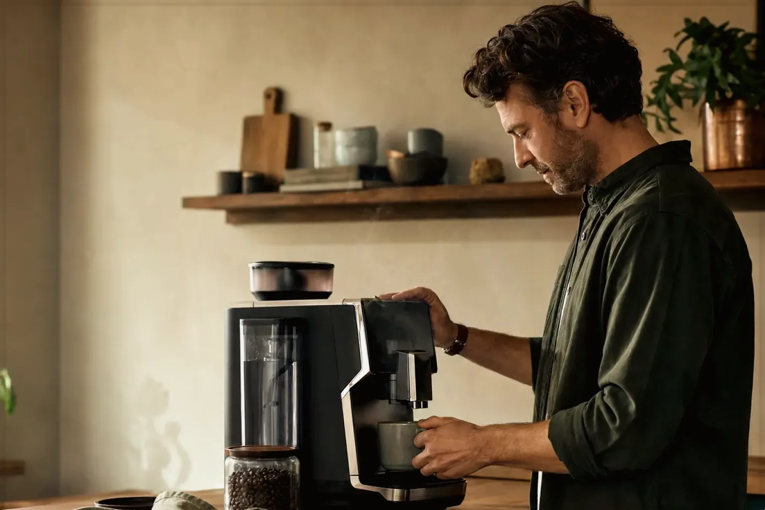 Ein Mann bereitet morgens Kaffee an einem Vollautomaten in seiner Küche zu – gezeigt für Thermoblock-Maschinen im Themenvergleich.
