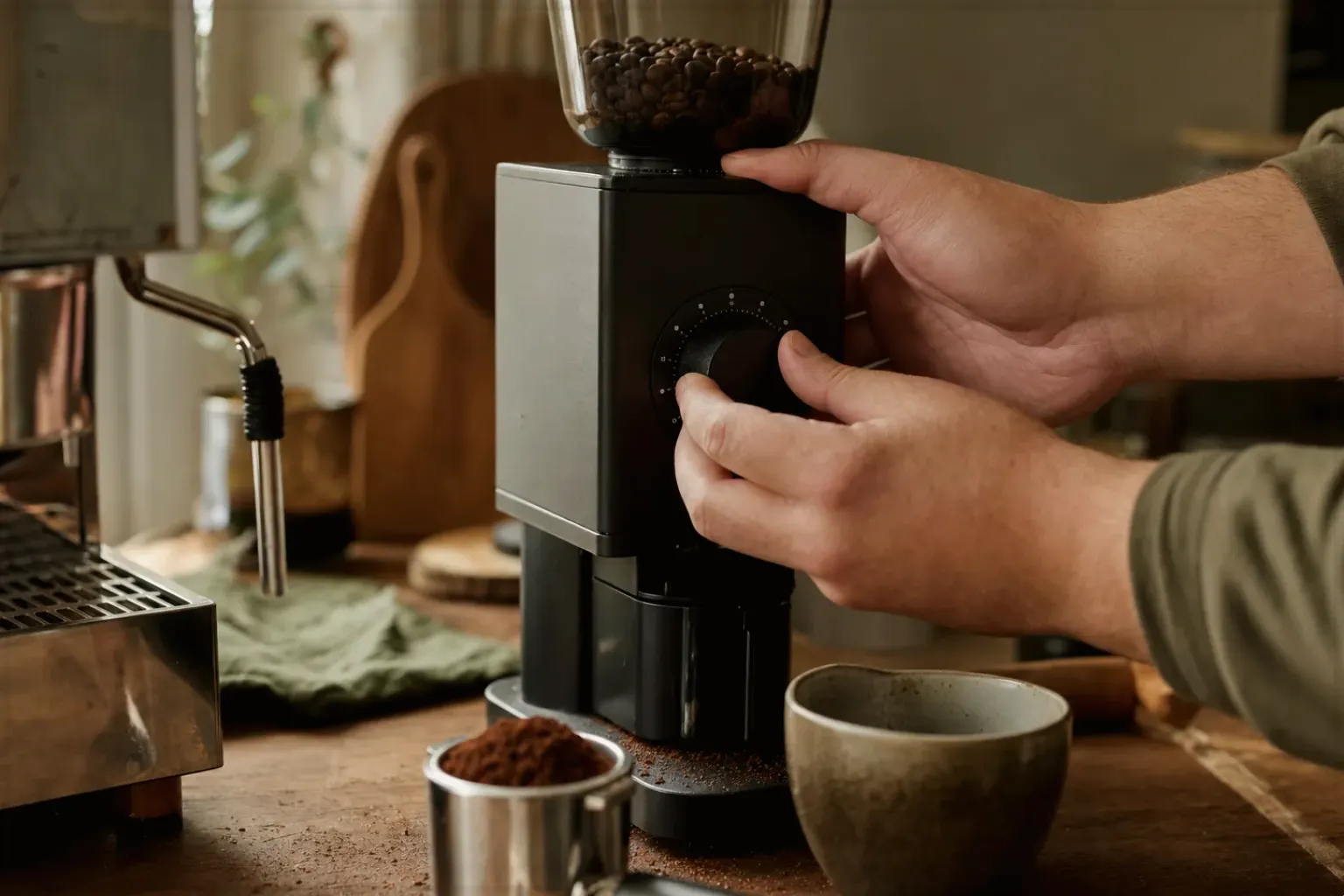 Zwei Hände stellen den Mahlgrad an einer Kaffeemühle neben einer Espressomaschine ein – gezeigt für Thermoblock-Maschinen im Themenvergleich.