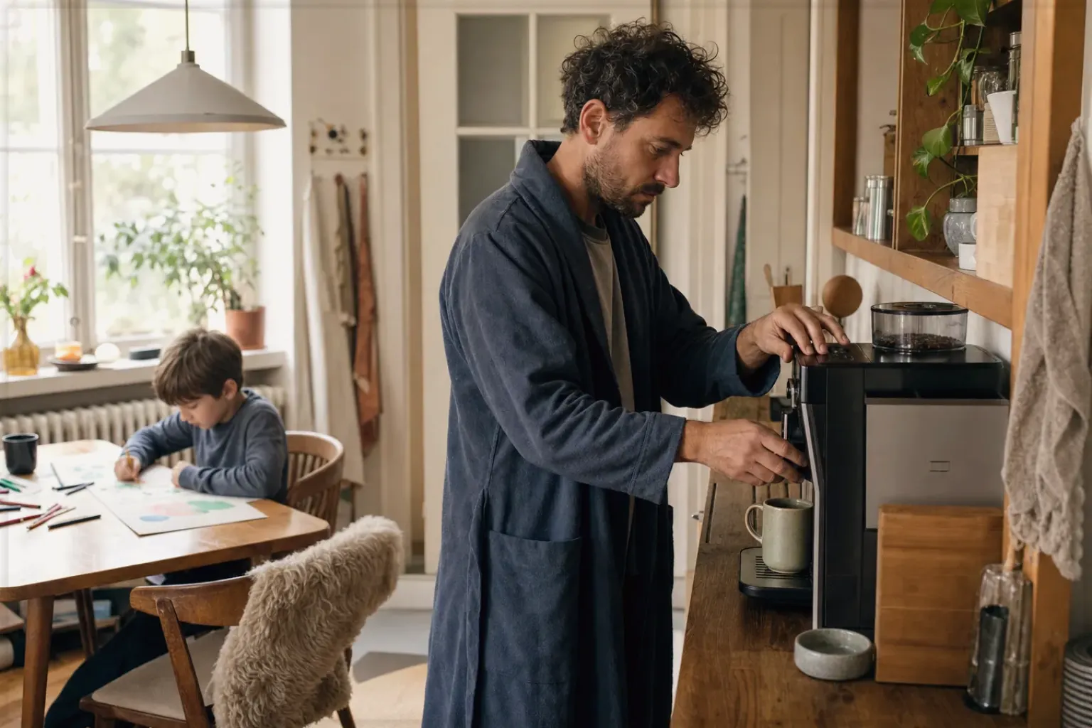 Ein Vater bereitet morgens Kaffee am Vollautomaten zu, während sein Kind am Küchentisch malt – gezeigt für Thermoblock-Maschinen im Themenvergleich.