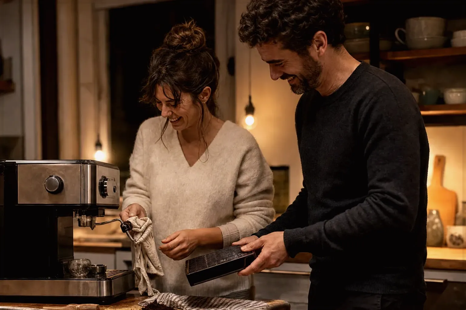 Ein Paar reinigt am Abend gemeinsam und gut gelaunt seine Espressomaschine in der Küche – gezeigt für Thermoblock-Maschinen im Themenvergleich.