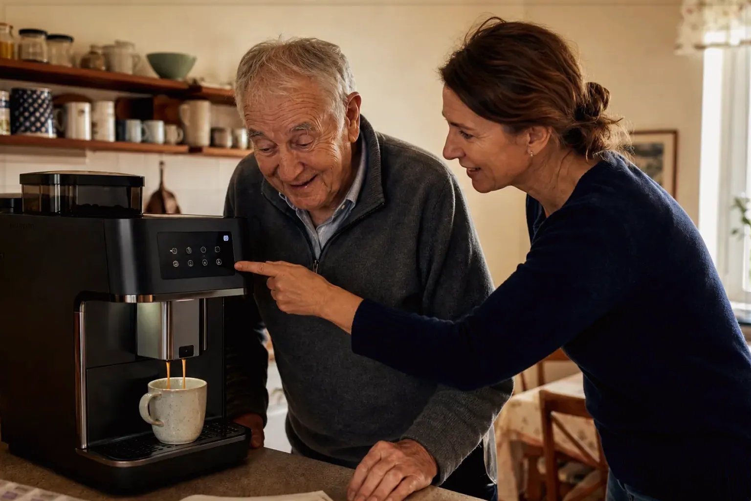 Eine erwachsene Tochter erklärt ihrem älteren Vater in seiner Küche einen Kaffeevollautomaten – gezeigt für Thermoblock-Maschinen im Themenvergleich.
