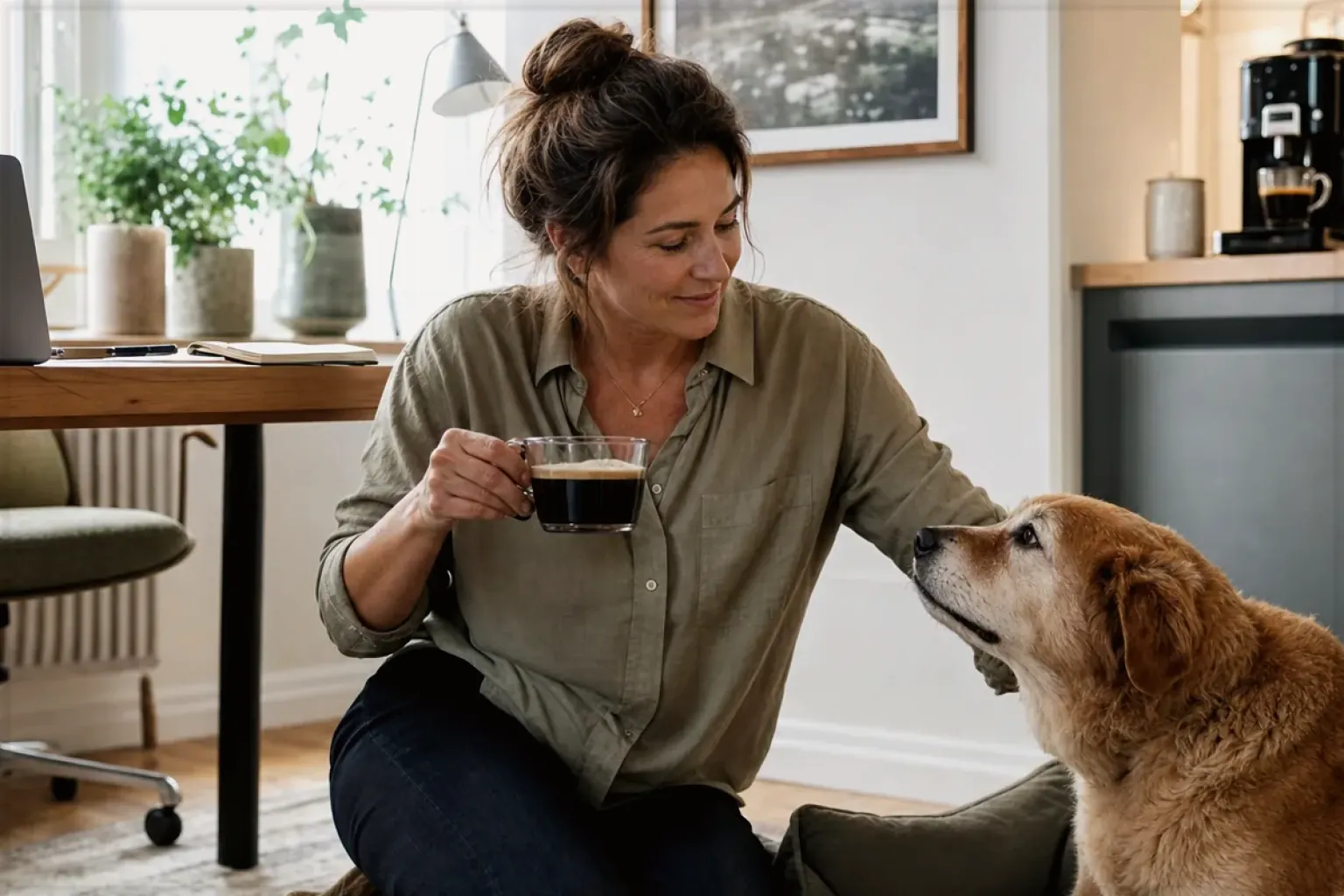 Eine Frau genießt im Homeoffice eine Kaffeepause bei ihrem älteren Hund – gezeigt für Thermoblock-Maschinen im Themenvergleich.