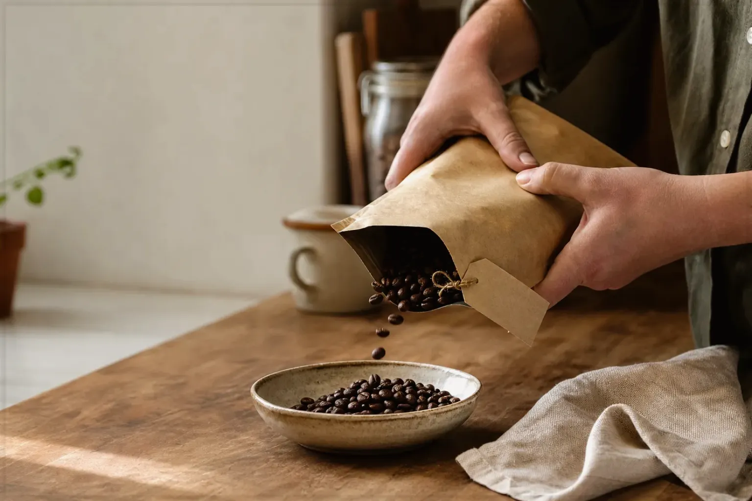 Hände füllen frisch geröstete Kaffeebohnen aus einer Papiertüte in eine Keramikschale – gezeigt für Thermoblock-Maschinen im Themenvergleich.