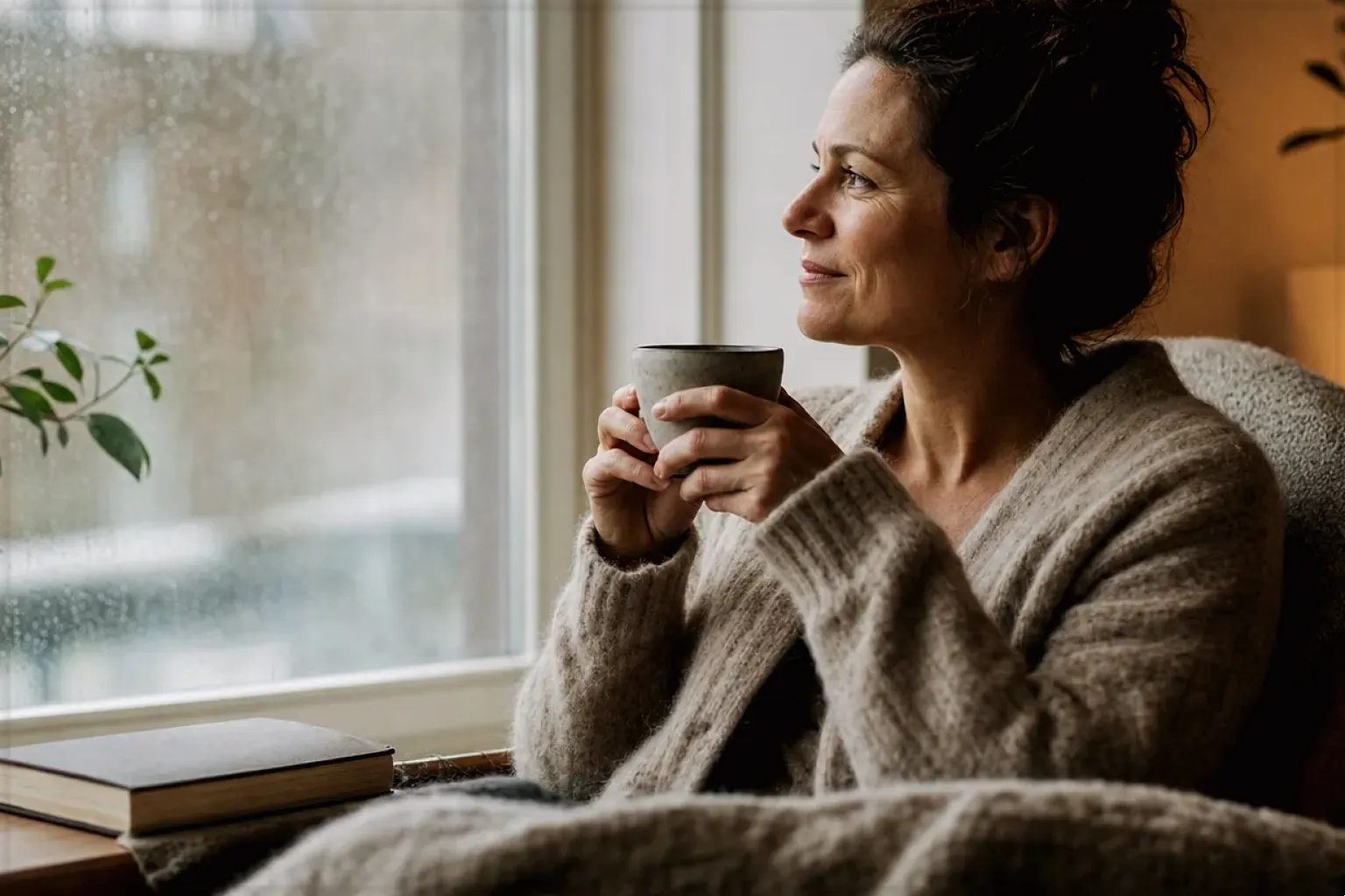 Eine Frau genießt an einem regnerischen Nachmittag ruhig eine Tasse Kaffee am Fenster – gezeigt für Thermoblock-Maschinen im Themenvergleich.