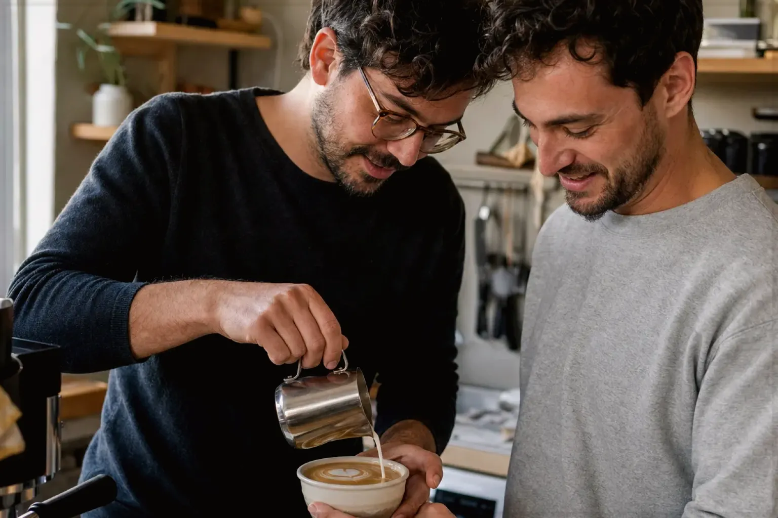 Zwei Freunde freuen sich in einer kleinen Küche über ihre gemeinsam gegossene Latte Art – gezeigt für Thermoblock-Maschinen im Themenvergleich.
