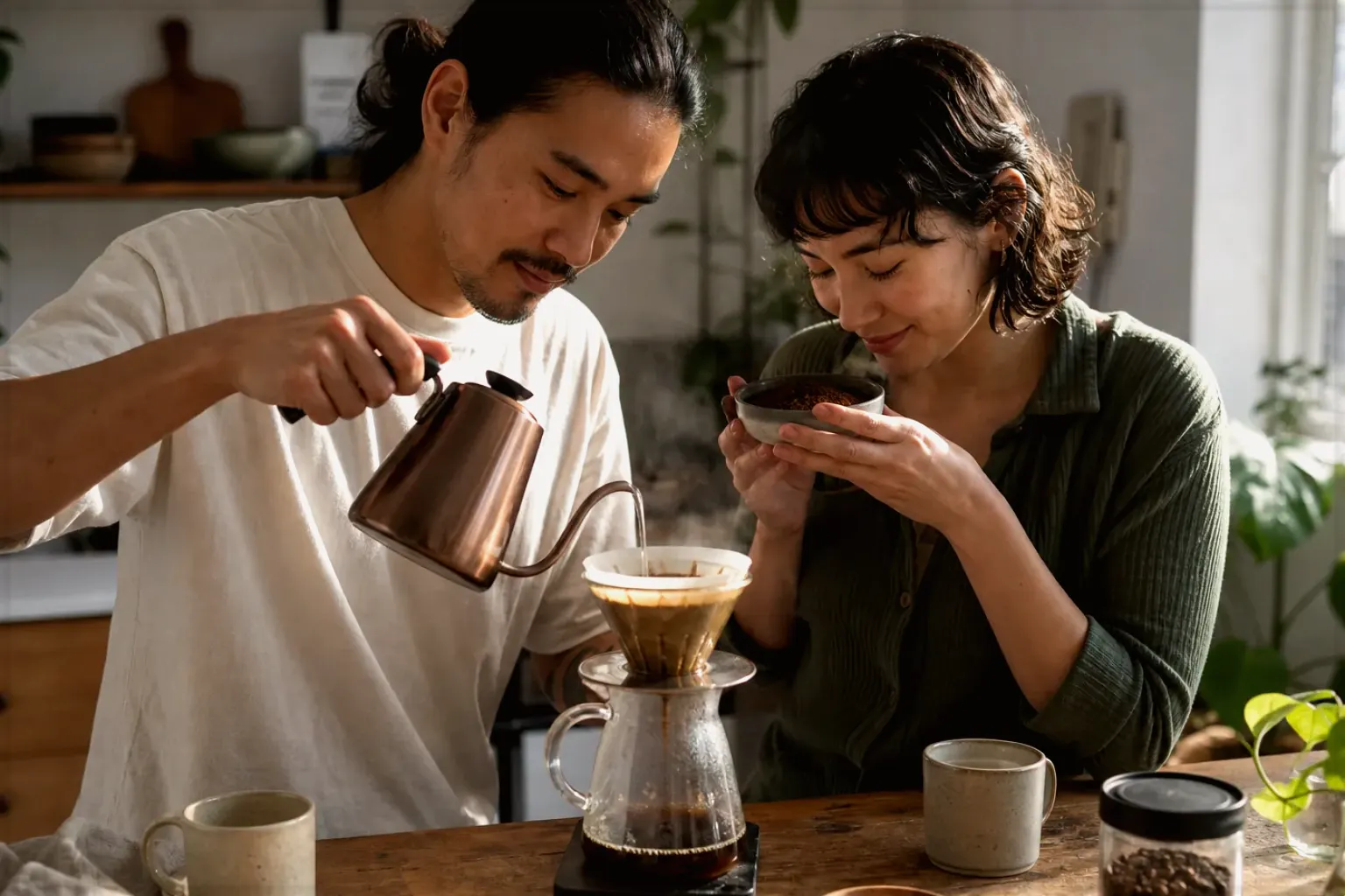 Zwei Menschen bereiten am Wochenende gemeinsam Filterkaffee mit einem Handfilter zu – gezeigt für Thermoblock-Maschinen im Themenvergleich.