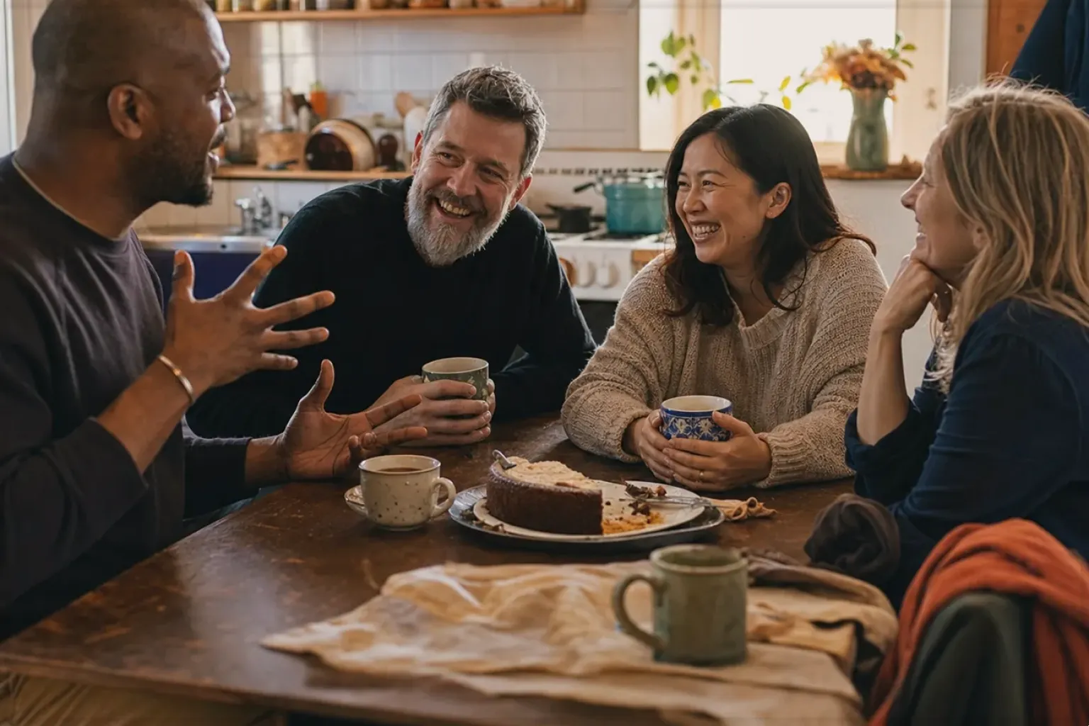 Vier erwachsene Freunde lachen gemeinsam bei Kaffee und selbst gebackenem Kuchen – gezeigt für Thermoblock-Maschinen im Themenvergleich.