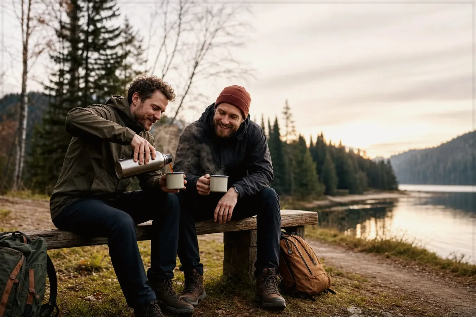 Zwei Freunde teilen auf einer Wanderung heißen Kaffee aus einer Thermoskanne am See – gezeigt für Thermoblock-Maschinen im Themenvergleich.
