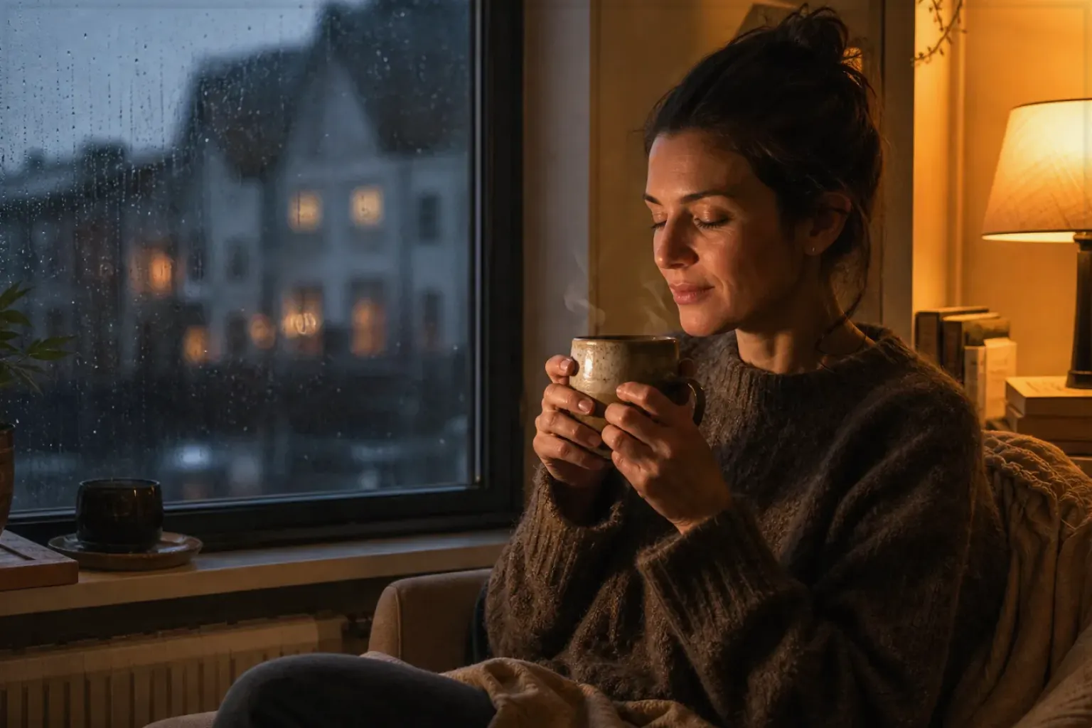 Eine Frau genießt an einem regnerischen Abend ruhig eine warme Tasse Kaffee am Fenster – gezeigt für Thermoblock-Maschinen im Themenvergleich.